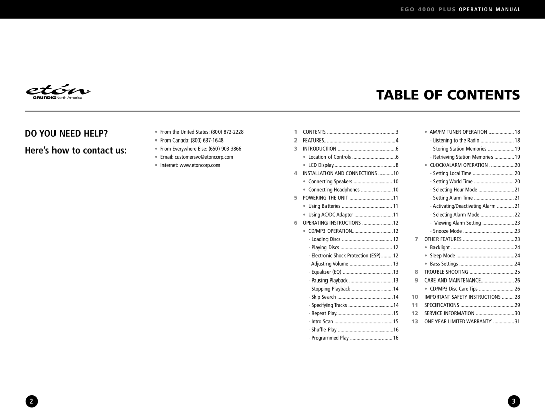 Eton S350, 4000 operation manual Table of Contents 