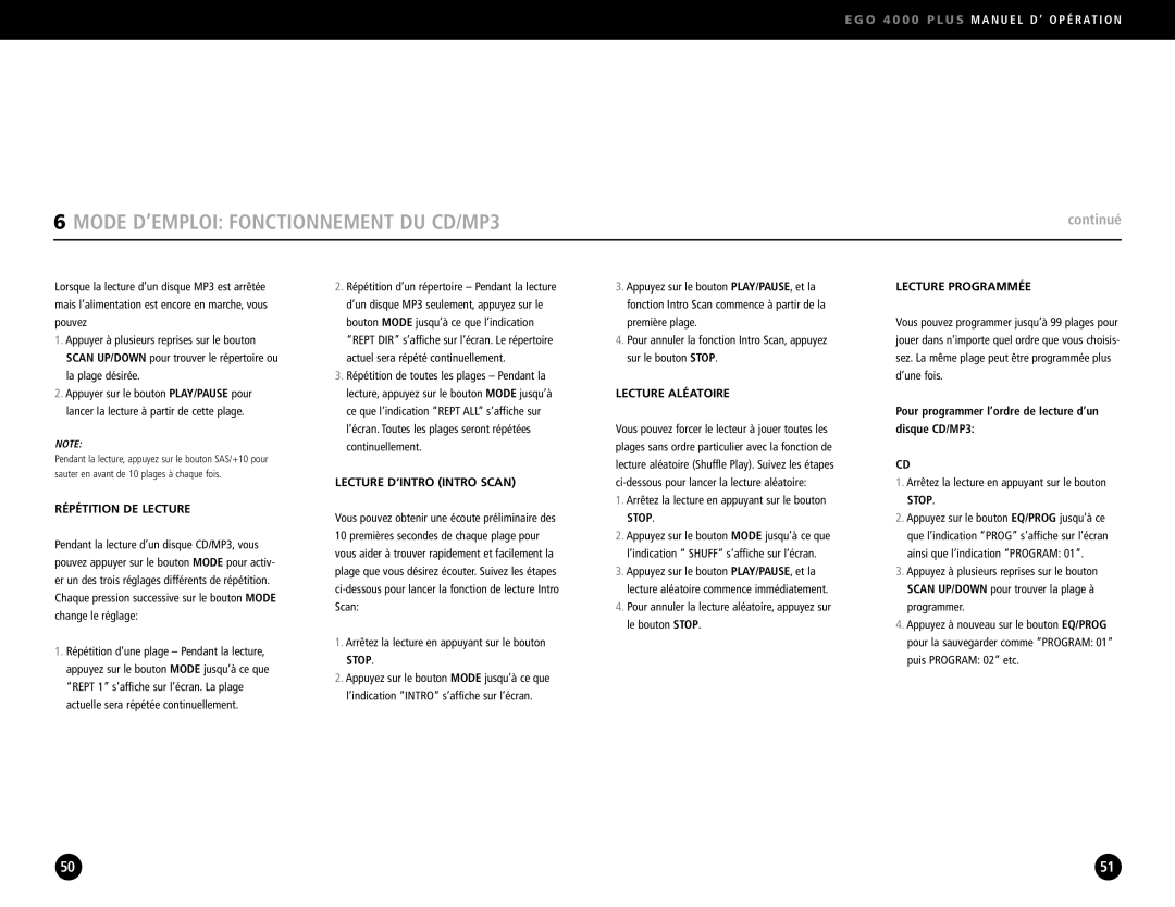 Eton S350, 4000 operation manual Répétition DE Lecture, Lecture D’INTRO Intro Scan, Lecture Aléatoire, Lecture Programmée 