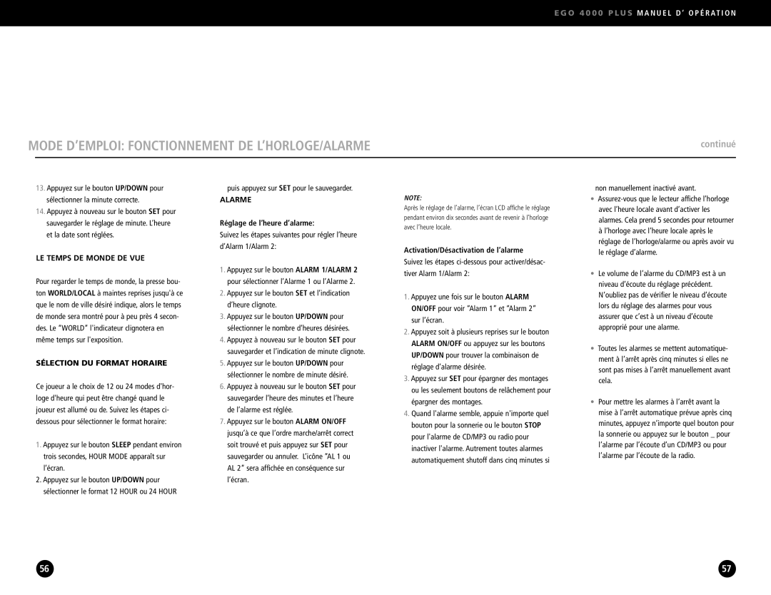 Eton 4000 Mode D’EMPLOI Fonctionnement DE L’HORLOGE/ALARME, LE Temps DE Monde DE VUE, Sélection DU Format Horaire, Alarme 