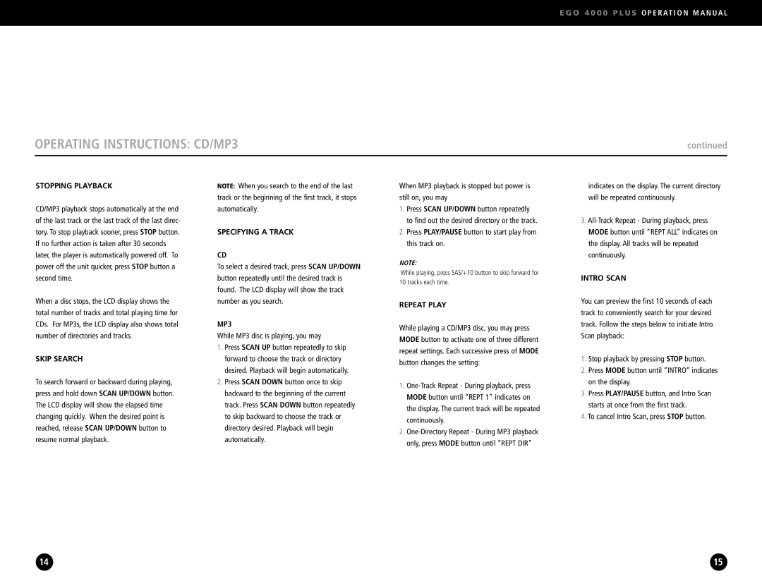 Eton S350, 4000 operation manual Stopping Playback, Skip Search, Specifying a Track, Repeat Play, Intro Scan 