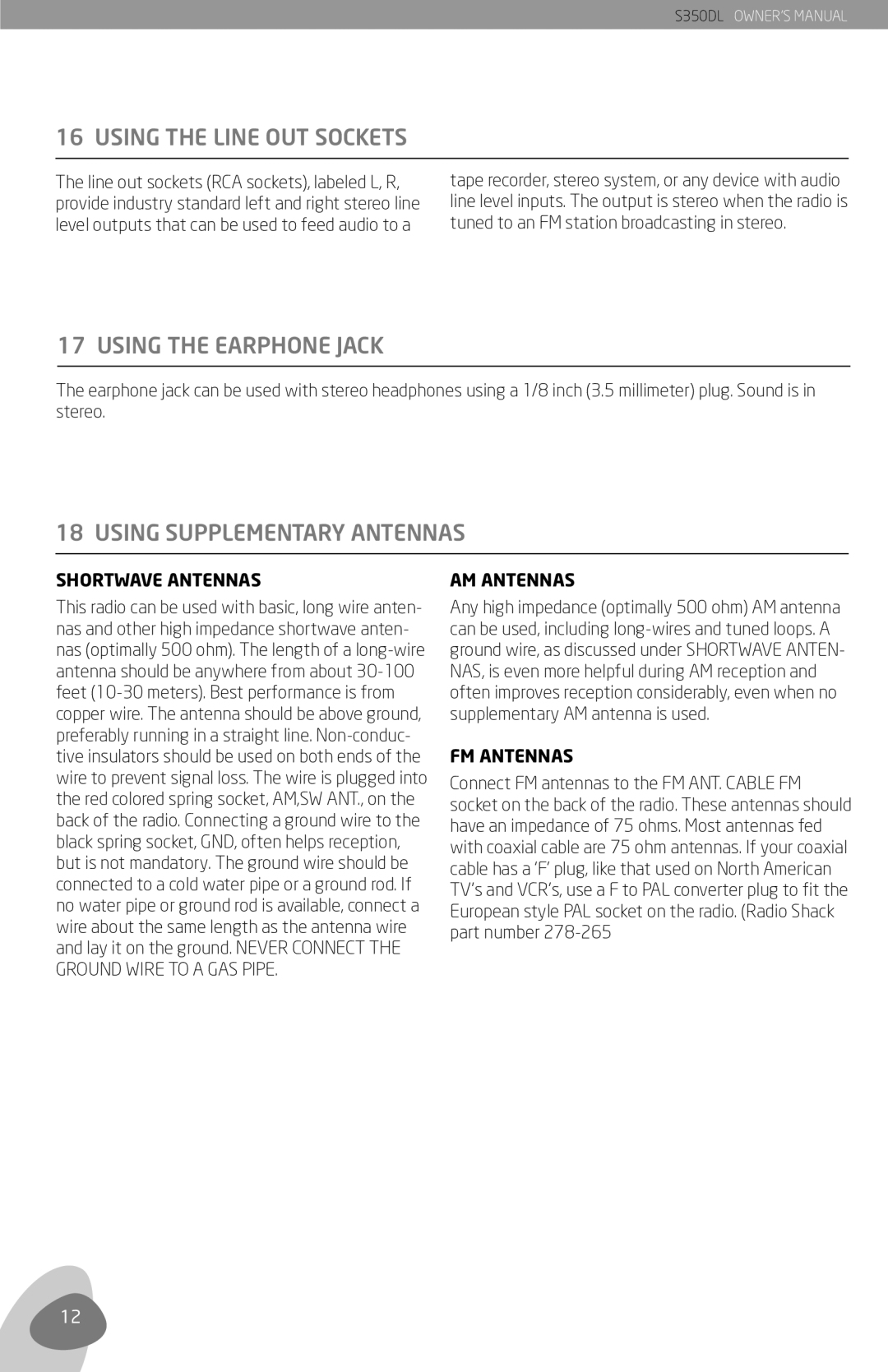 Eton S350DL owner manual Using the Line OUT Sockets, Using the Earphone Jack, Using Supplementary Antennas 