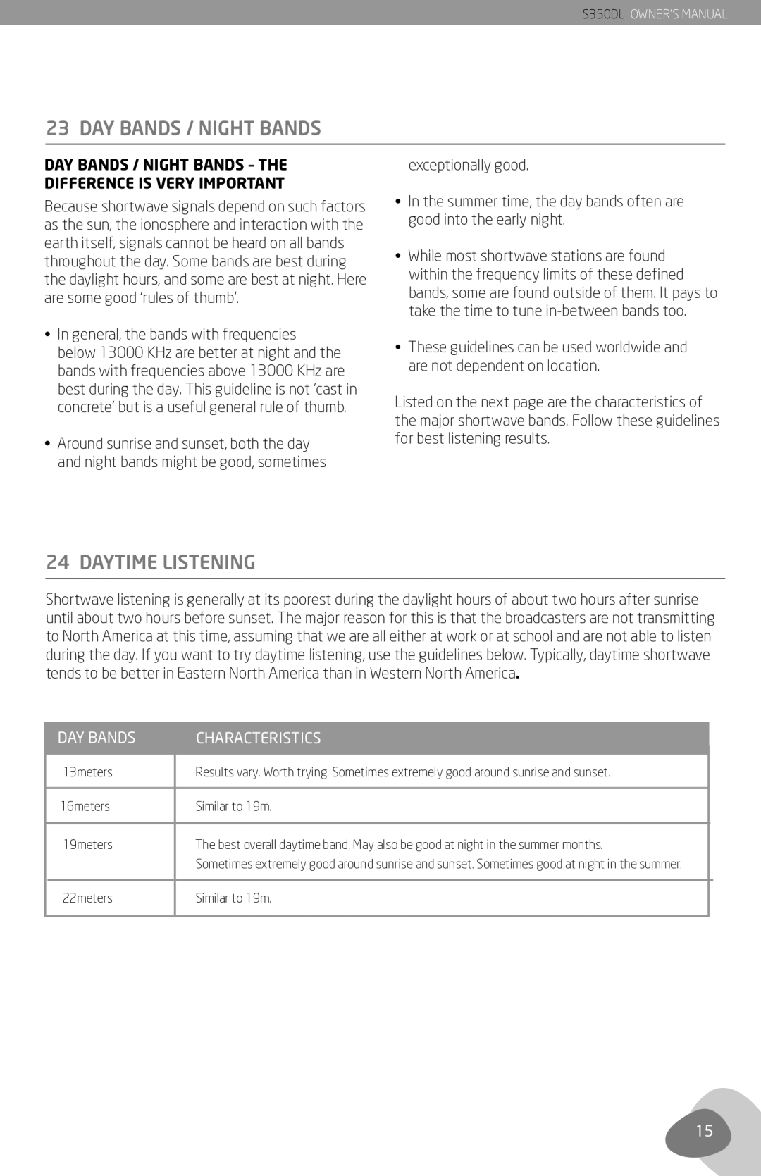 Eton S350DL owner manual Daytime Listening, DAY Bands / Night Bands the Difference is Very Important 