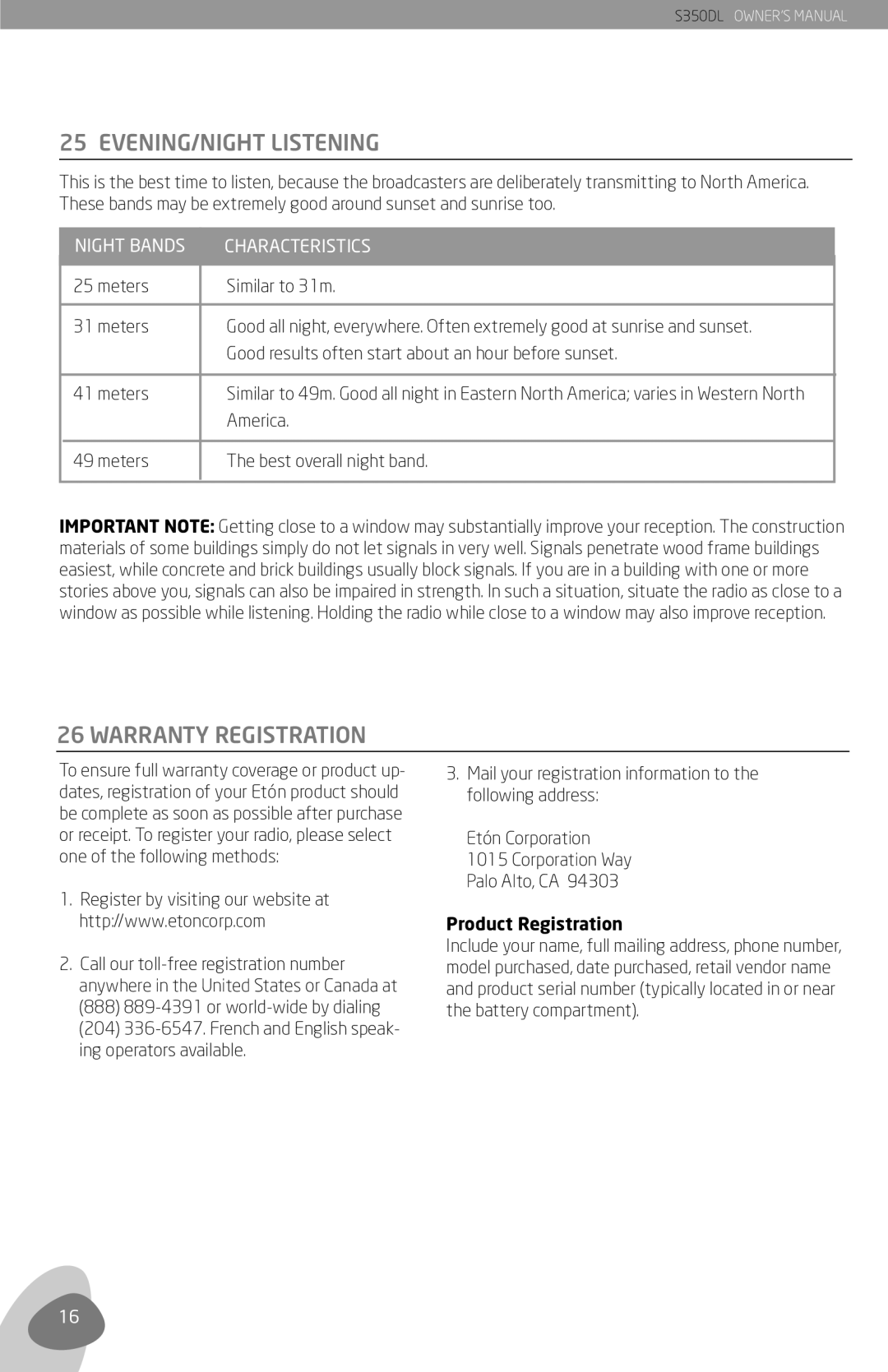 Eton S350DL owner manual EVENING/NIGHT Listening, Warranty Registration, America, Meters Best overall night band 