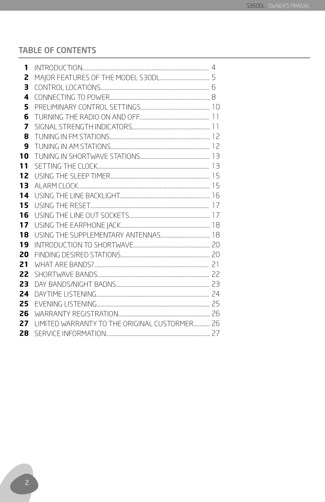 Eton S350DL owner manual Table of Contents 