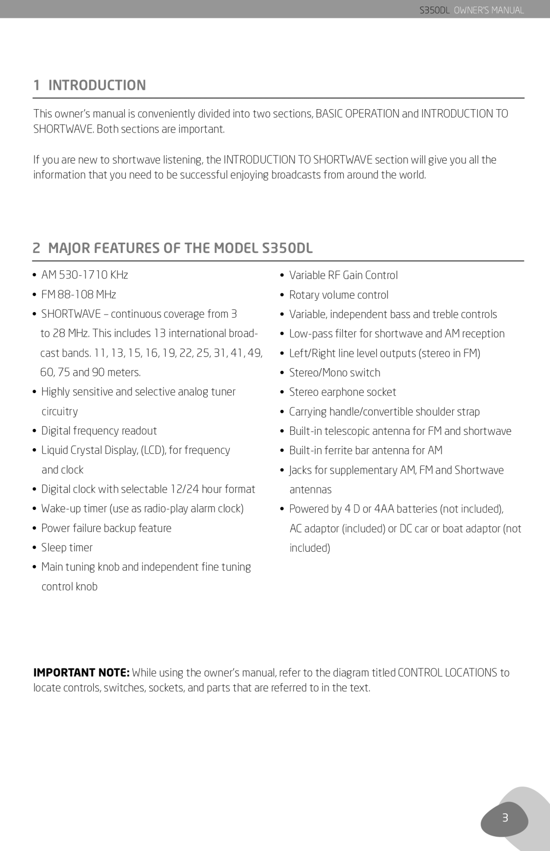 Eton owner manual Introduction, Major Features of the Model S350DL, Left/Right line level outputs stereo in FM 