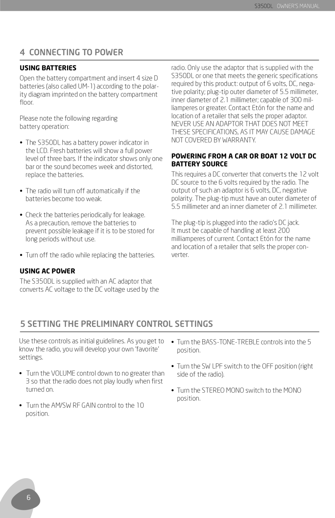 Eton S350DL owner manual Connecting to Power, Setting the Preliminary Control Settings, Using Batteries, Using AC Power 