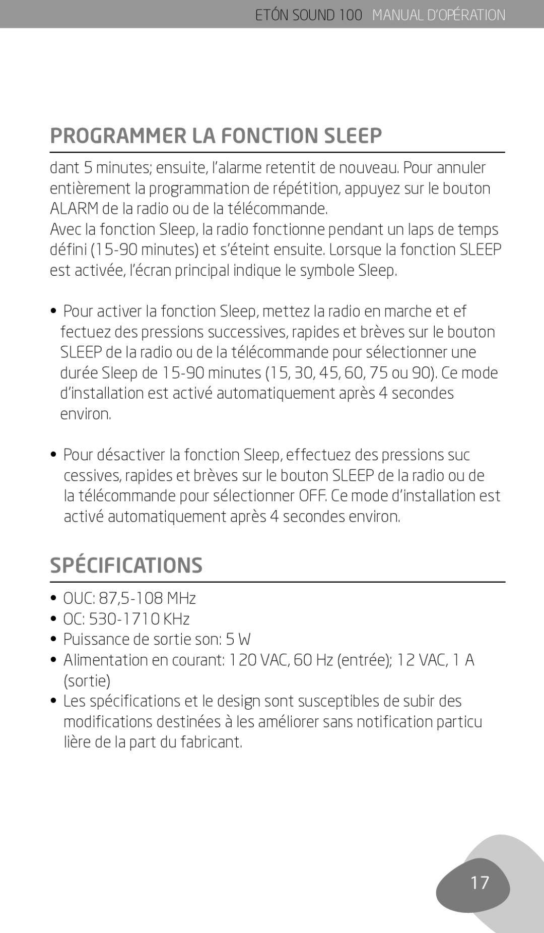 Eton Sound 100 owner manual Programmer LA Fonction Sleep, Spécifications 