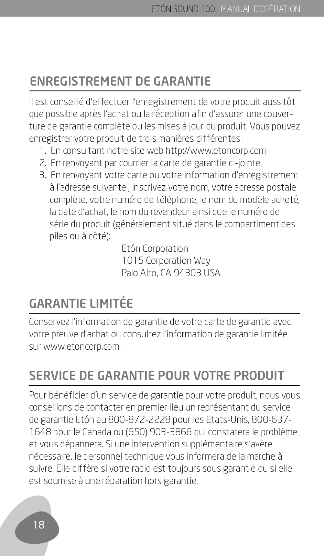 Eton Sound 100 owner manual Enregistrement DE Garantie, Garantie Limitée Service DE Garantie Pour Votre Produit 