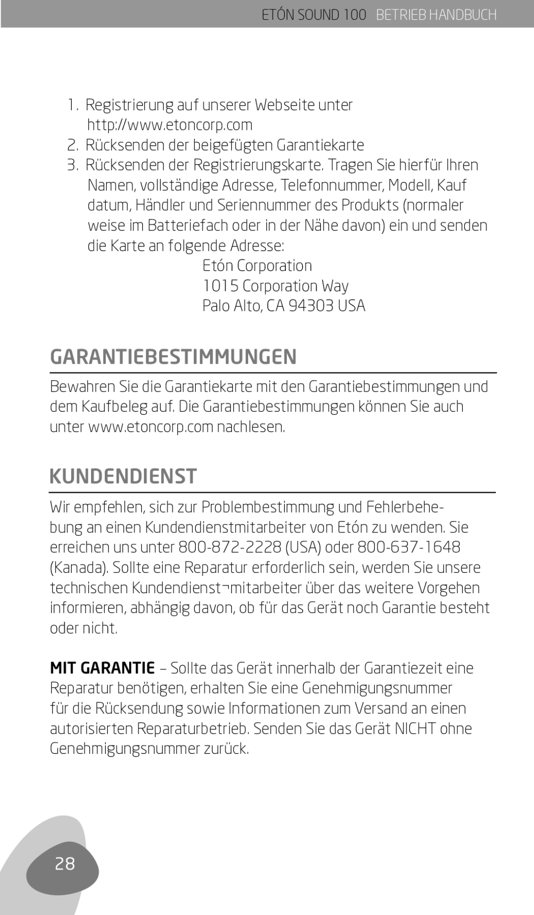 Eton Sound 100 owner manual Garantiebestimmungen Kundendienst, Rücksenden der beigefügten Garantiekarte 