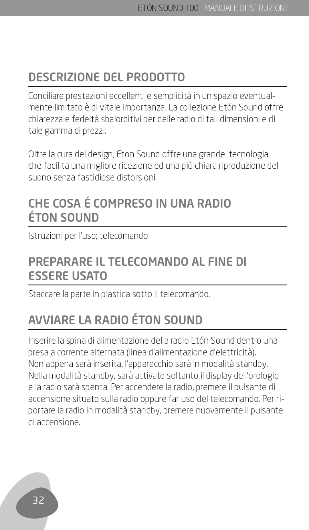 Eton Sound 100 Descrizione DEL Prodotto, CHE Cosa É Compreso in UNA Radio Éton Sound, Avviare LA Radio Éton Sound 