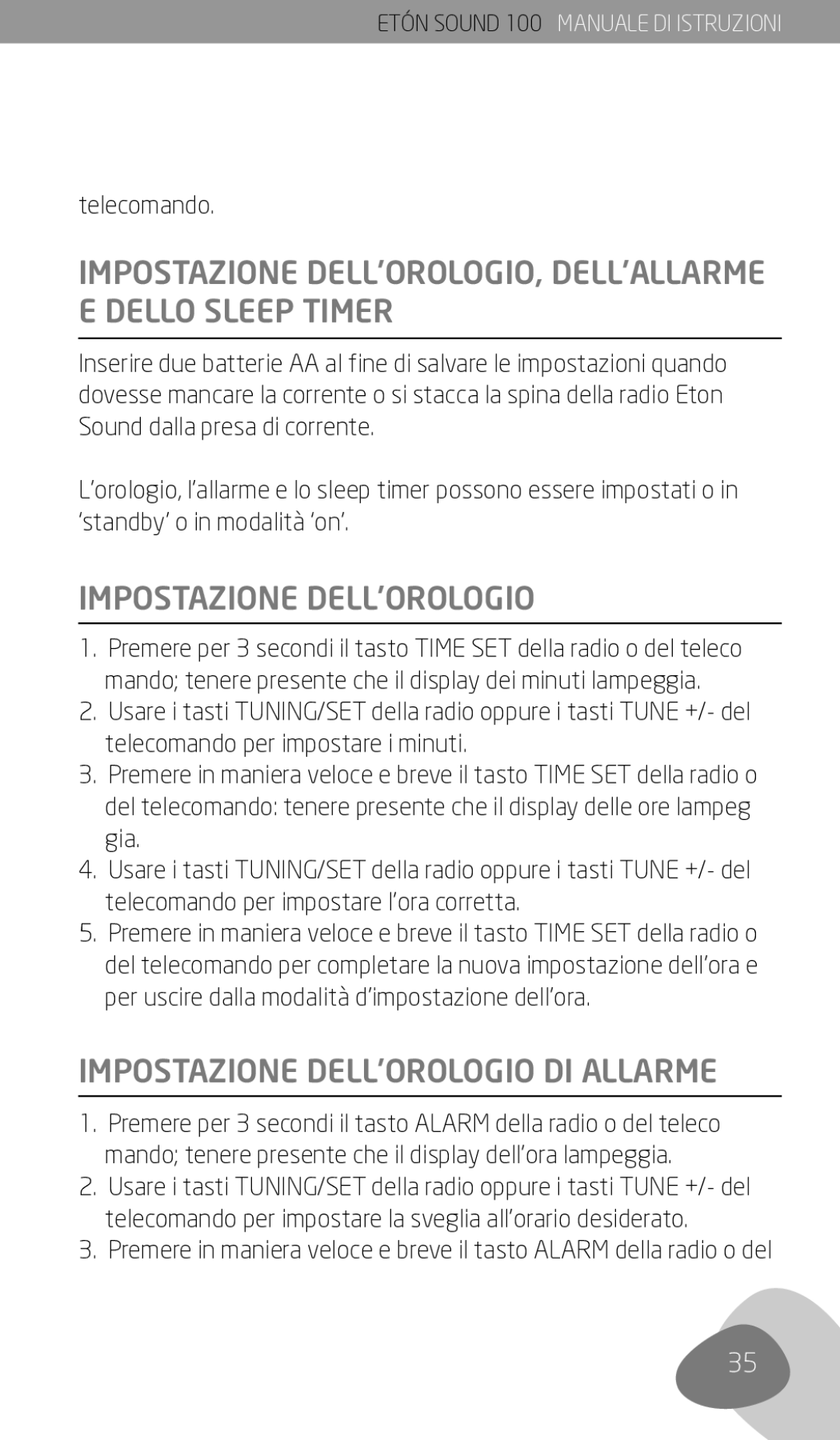 Eton Sound 100 owner manual Impostazione DELL’OROLOGIO DI Allarme, Telecomando 