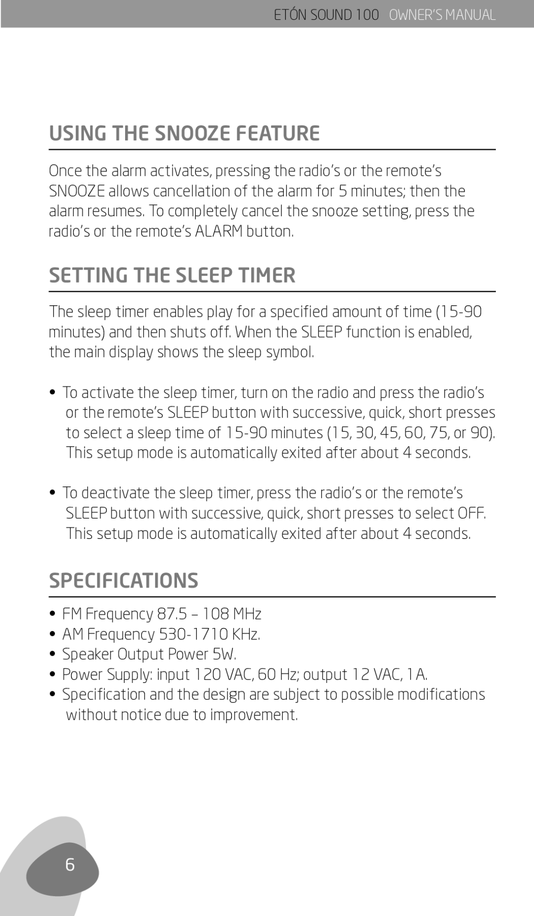 Eton Sound 100 owner manual Using the Snooze Feature, Setting the Sleep Timer, Specifications 