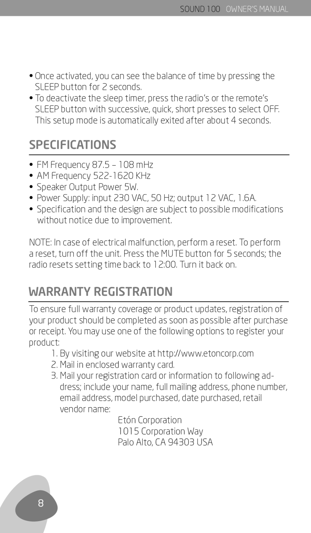 Eton Sound 100 owner manual Specifications, Warranty Registration 