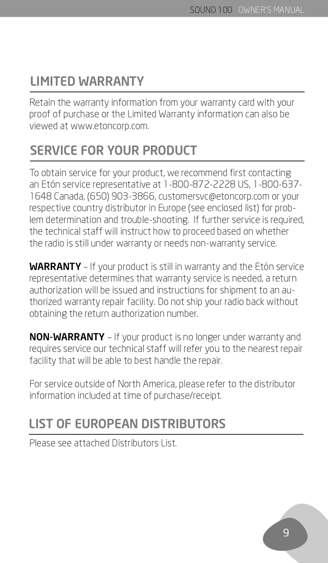 Eton Sound 100 owner manual Limited Warranty Service for Your Product, List of European Distributors 