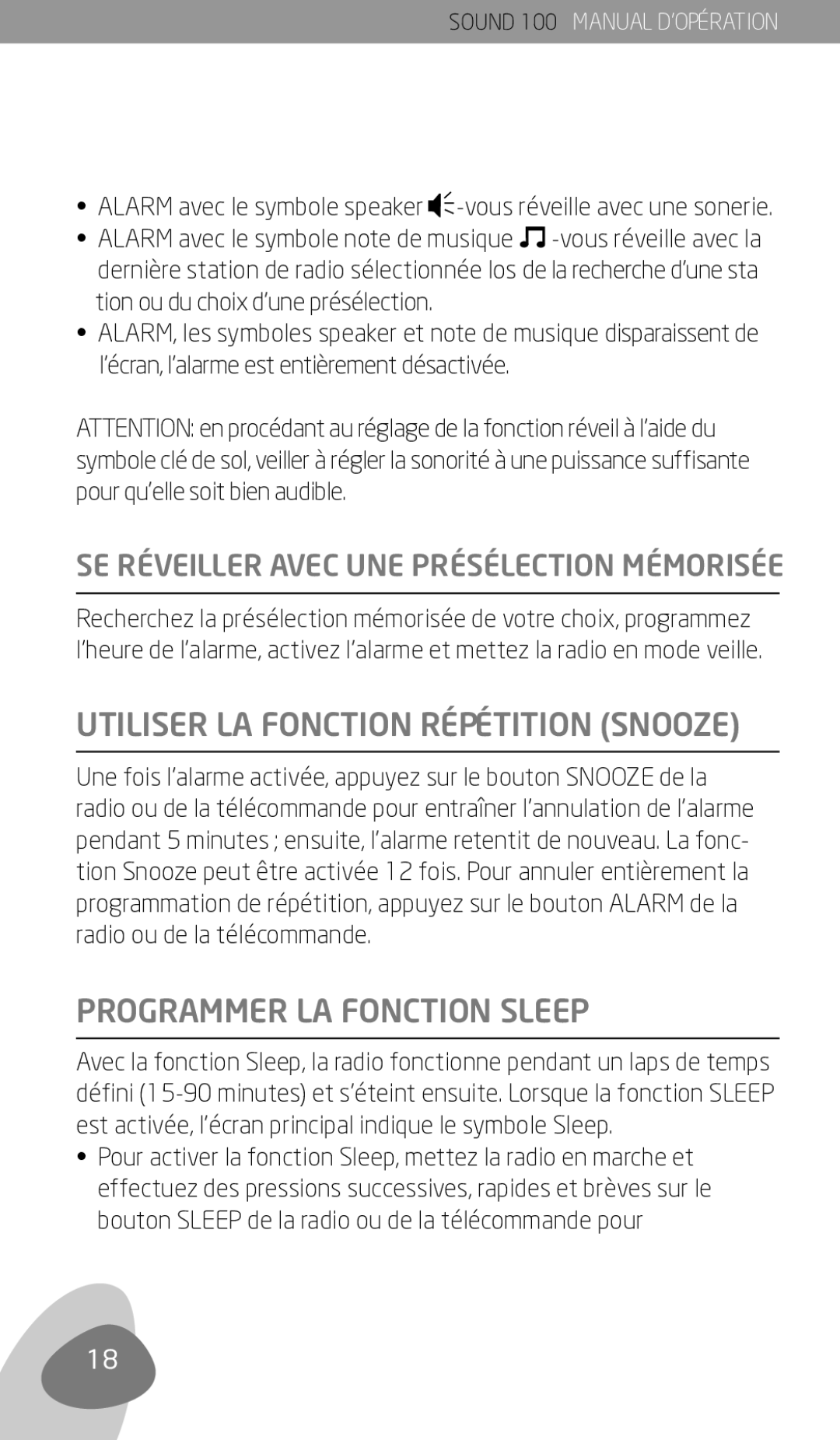 Eton Sound 100 owner manual Utiliser LA Fonction Répétition Snooze, Programmer LA Fonction Sleep 