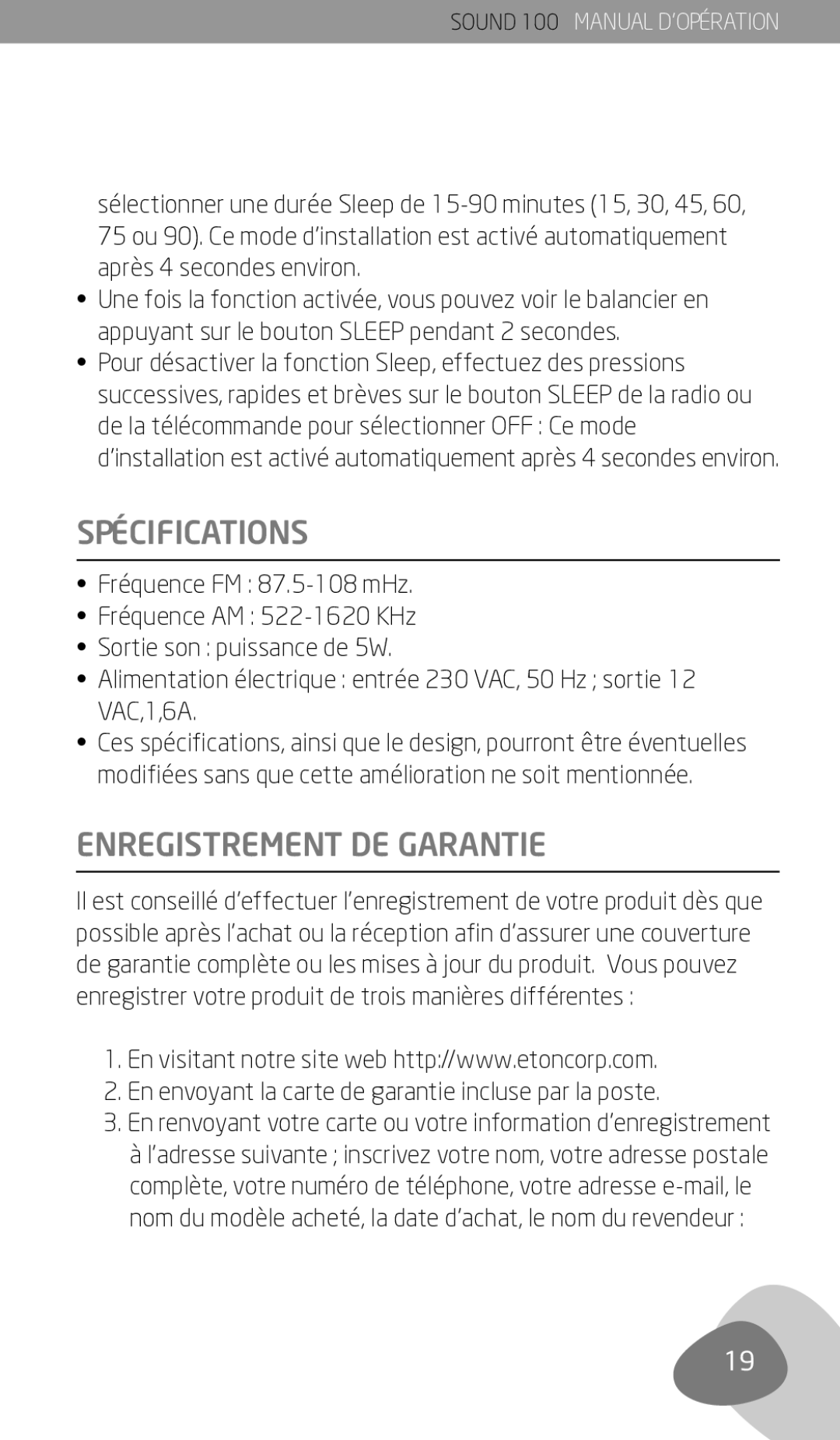 Eton Sound 100 Spécifications, Enregistrement DE Garantie, En envoyant la carte de garantie incluse par la poste 