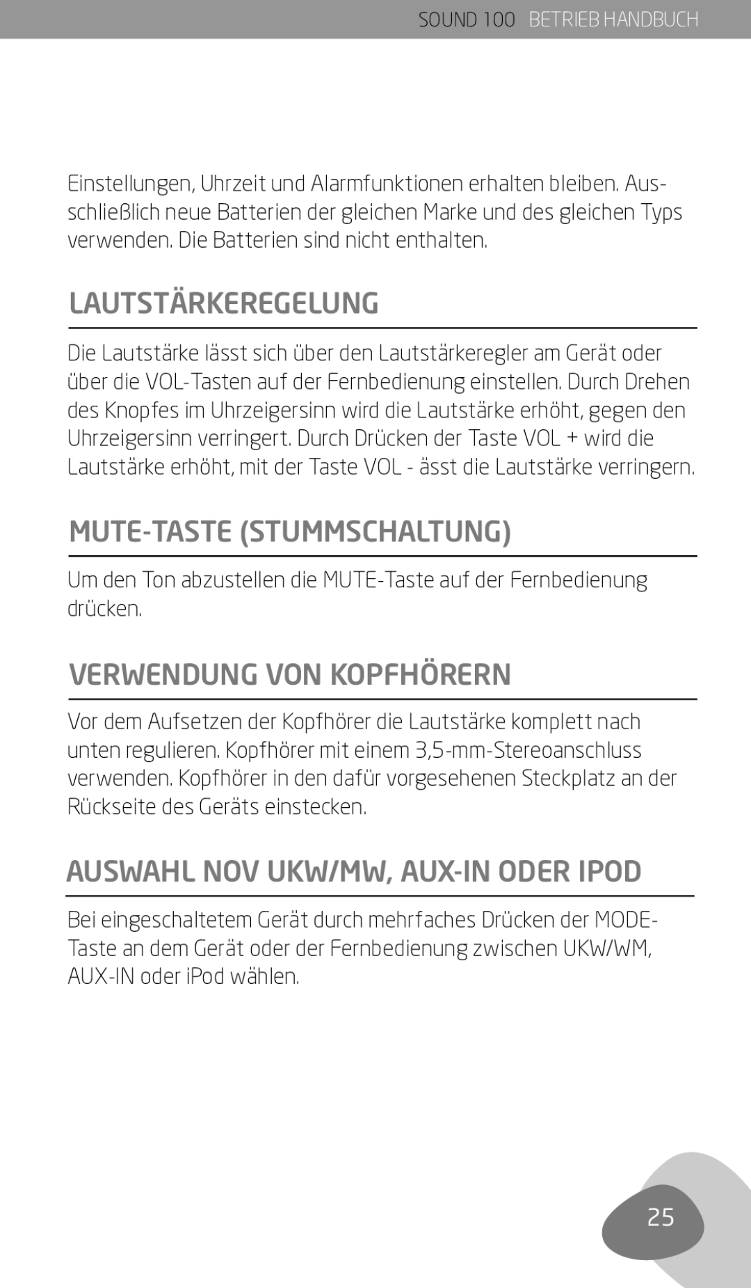 Eton Sound 100 owner manual Lautstärkeregelung, MUTE-TASTE Stummschaltung, Verwendung VON Kopfhörern 