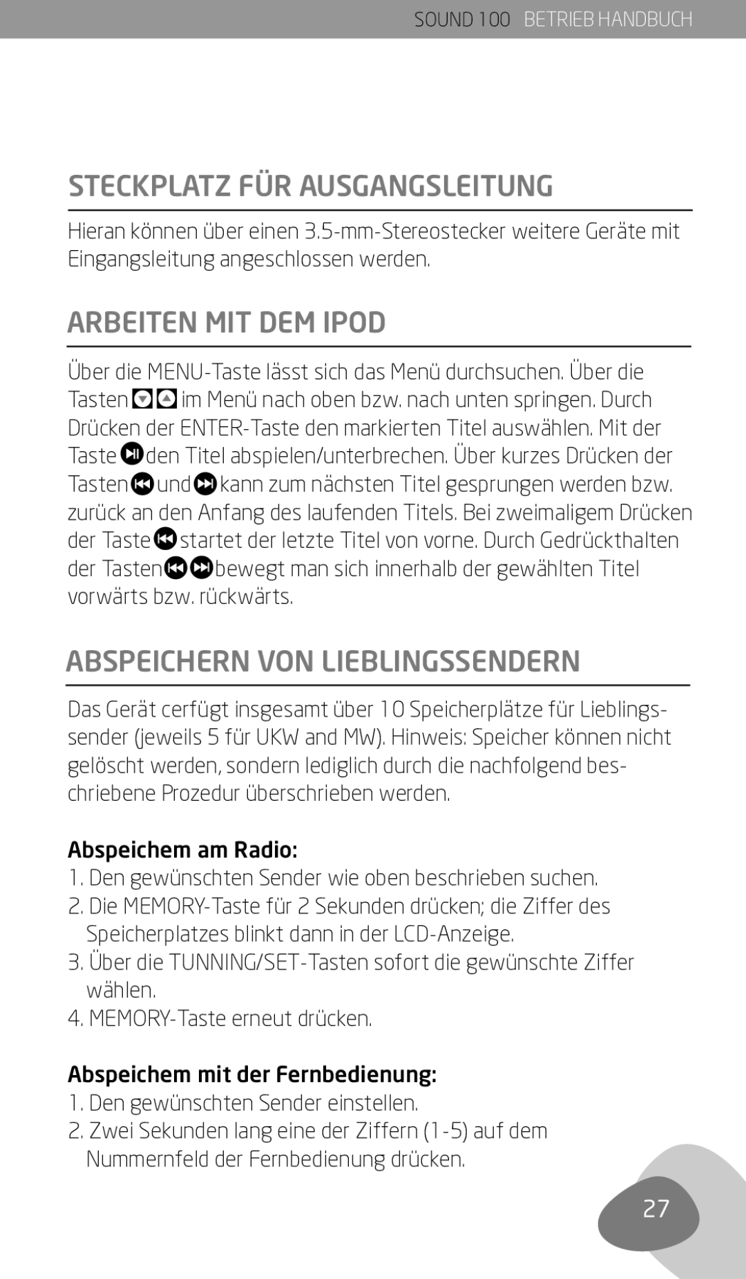 Eton Sound 100 owner manual Steckplatz FÜR Ausgangsleitung, Arbeiten MIT DEM Ipod, Abspeichern VON Lieblingssendern 