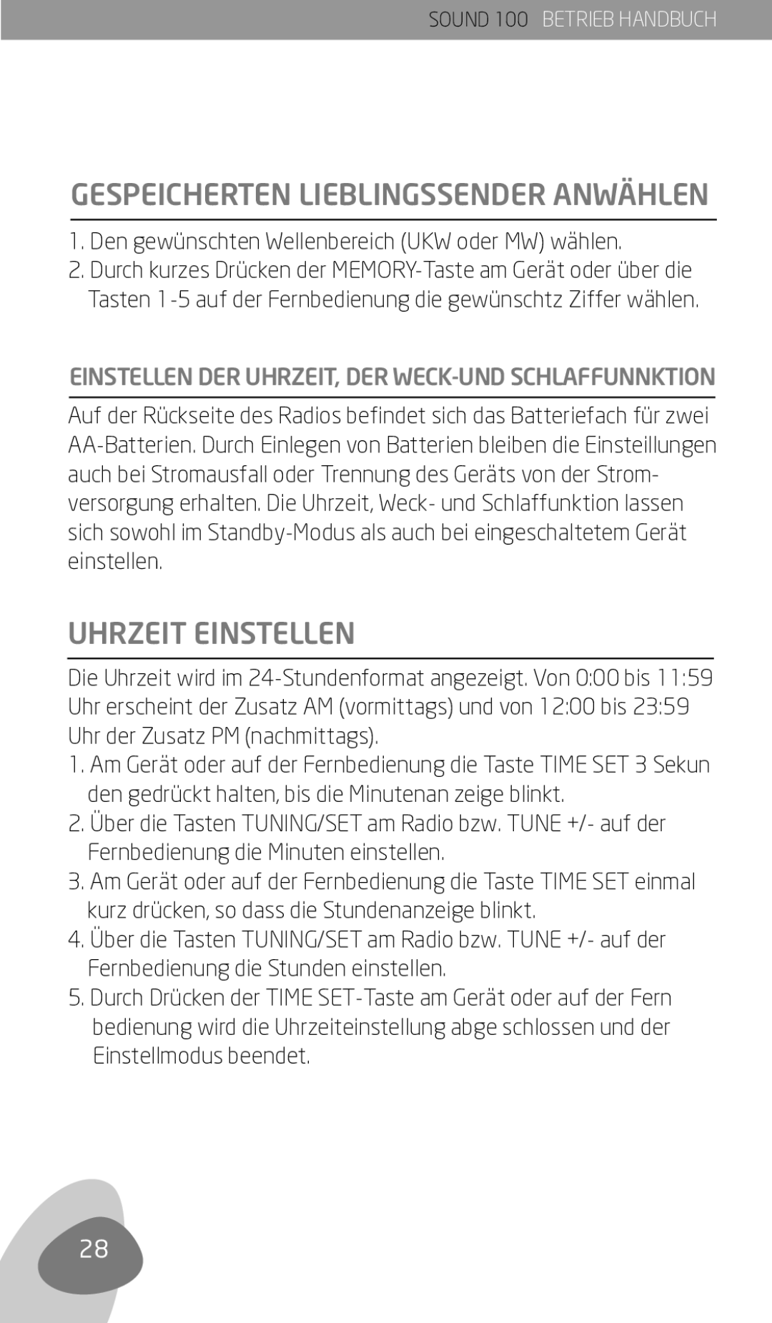 Eton Sound 100 owner manual Uhrzeit Einstellen, Den gewünschten Wellenbereich UKW oder MW wählen 