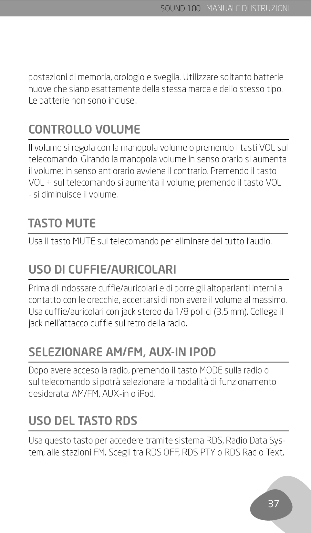 Eton Sound 100 Controllo Volume, Tasto Mute, Uso Di Cuffie/Auricolari, Selezionare AM/FM, AUX-IN Ipod, USO DEL Tasto RDS 