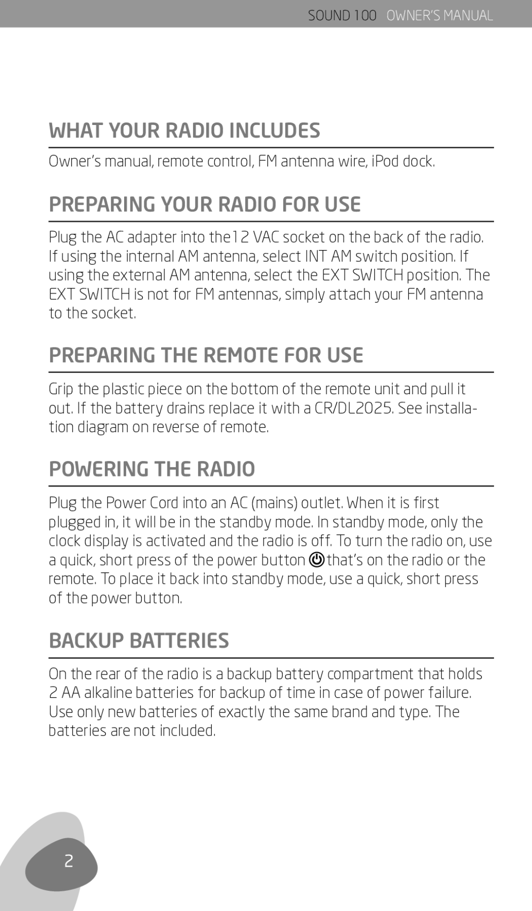 Eton Sound 100 What Your Radio Includes Preparing Your Radio for USE, Preparing the Remote for USE, Powering the Radio 