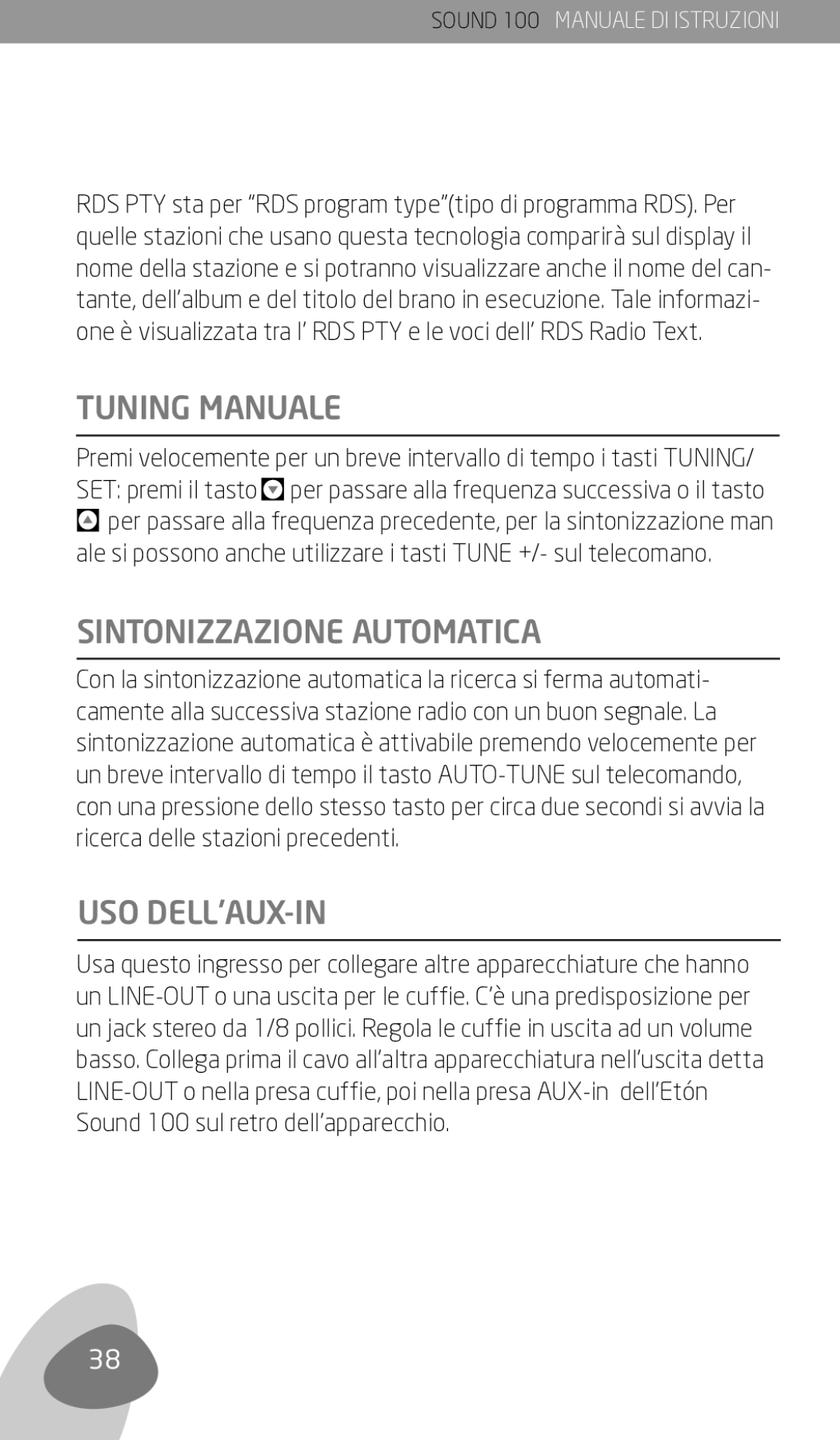 Eton Sound 100 owner manual Tuning Manuale, Sintonizzazione Automatica, Uso Dell’Aux-In 