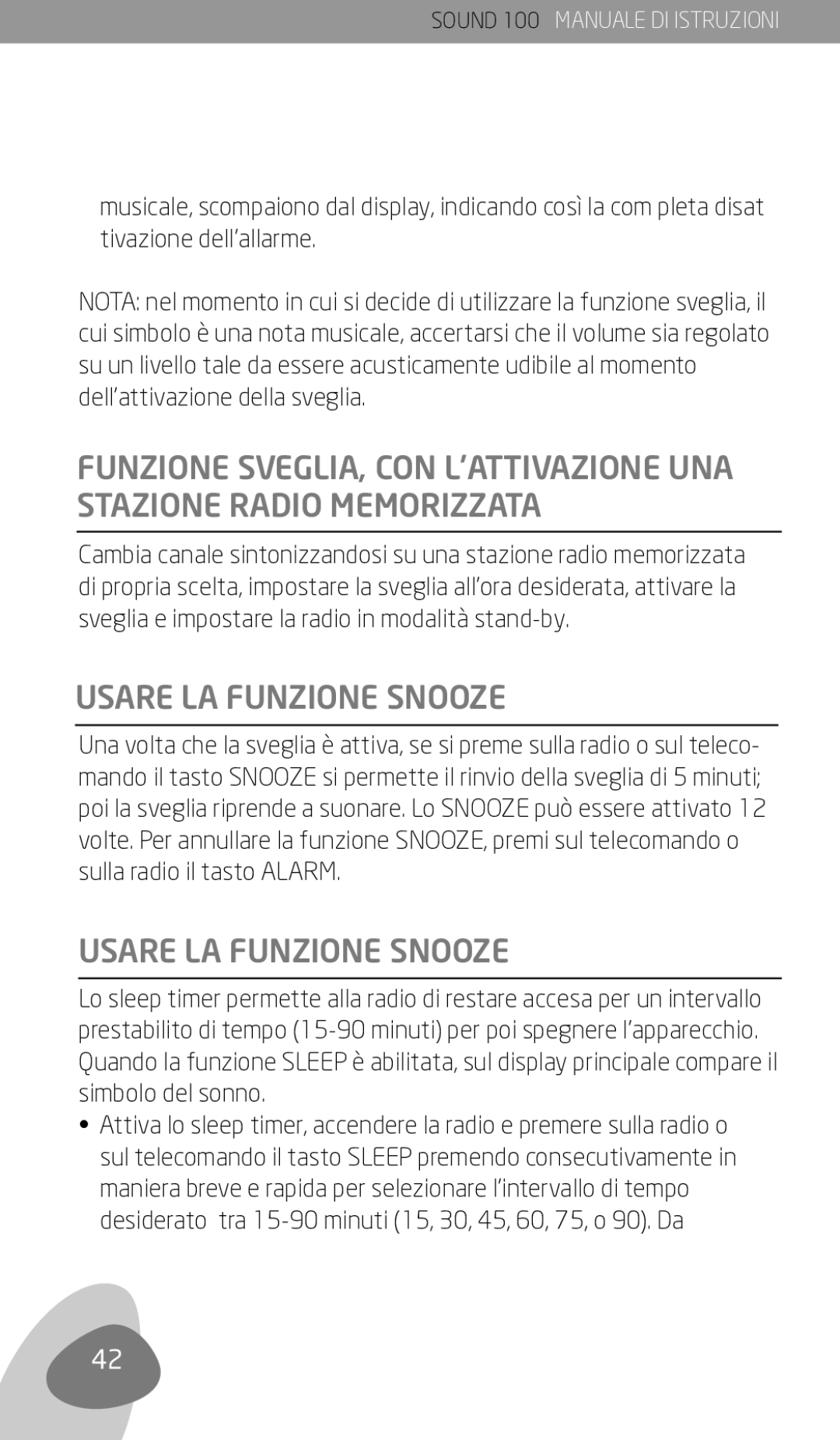 Eton Sound 100 owner manual Usare LA Funzione Snooze 