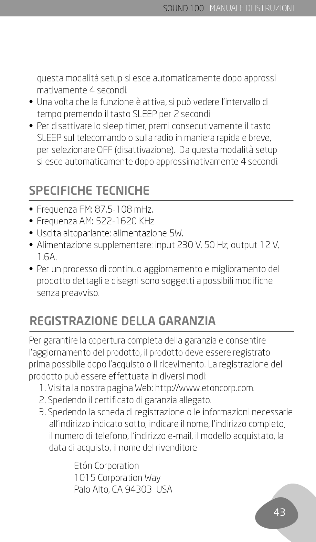 Eton Sound 100 owner manual Specifiche Tecniche, Registrazione Della Garanzia, Spedendo il certificato di garanzia allegato 