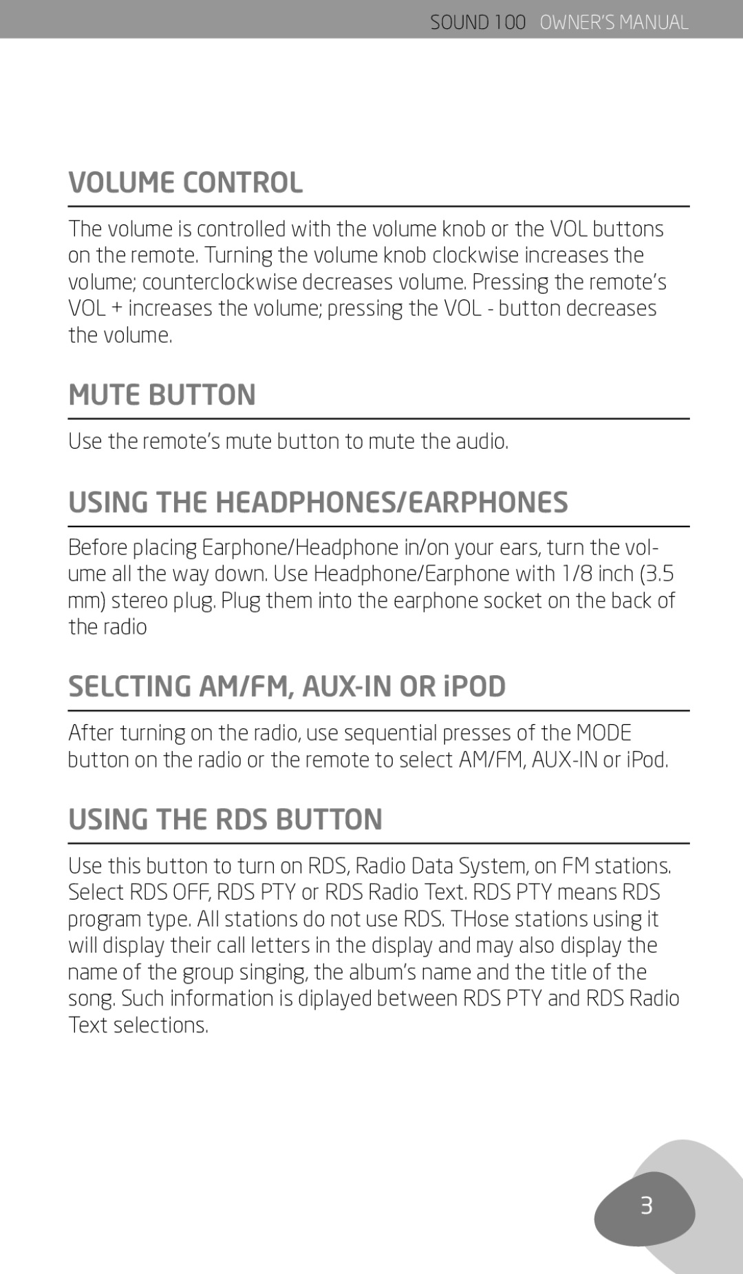 Eton Sound 100 owner manual Volume Control, Mute Button, Using the HEADPHONES/EARPHONES, Using the RDS Button 