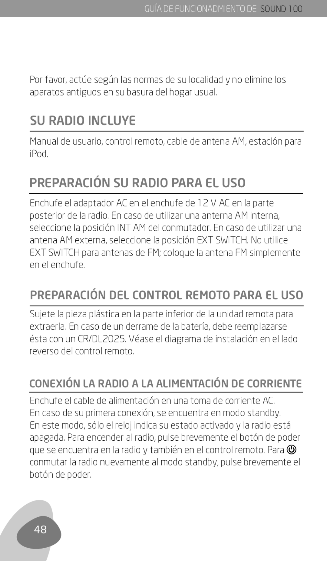 Eton Sound 100 owner manual SU Radio Incluye, Preparación SU Radio Para EL USO 