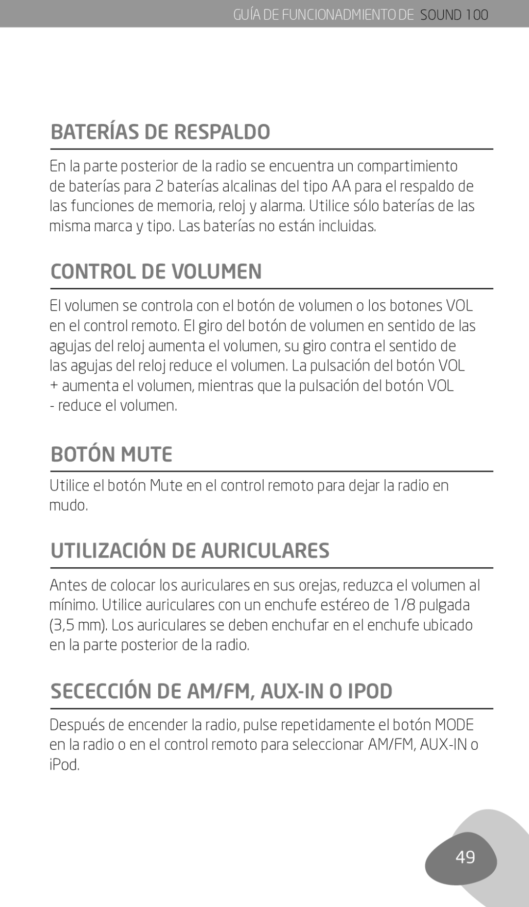 Eton Sound 100 owner manual Baterías DE Respaldo, Control DE Volumen, Botón Mute, Utilización DE Auriculares 