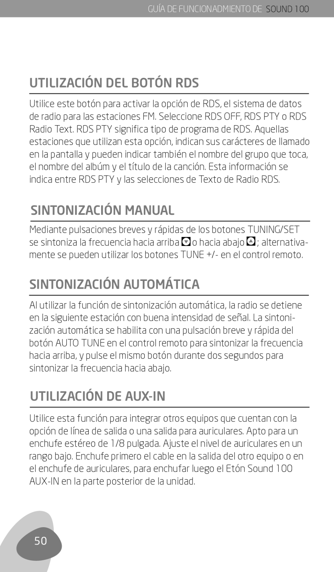 Eton Sound 100 Utilización DEL Botón RDS, Sintonización Manual, Sintonización Automática, Utilización DE AUX-IN 