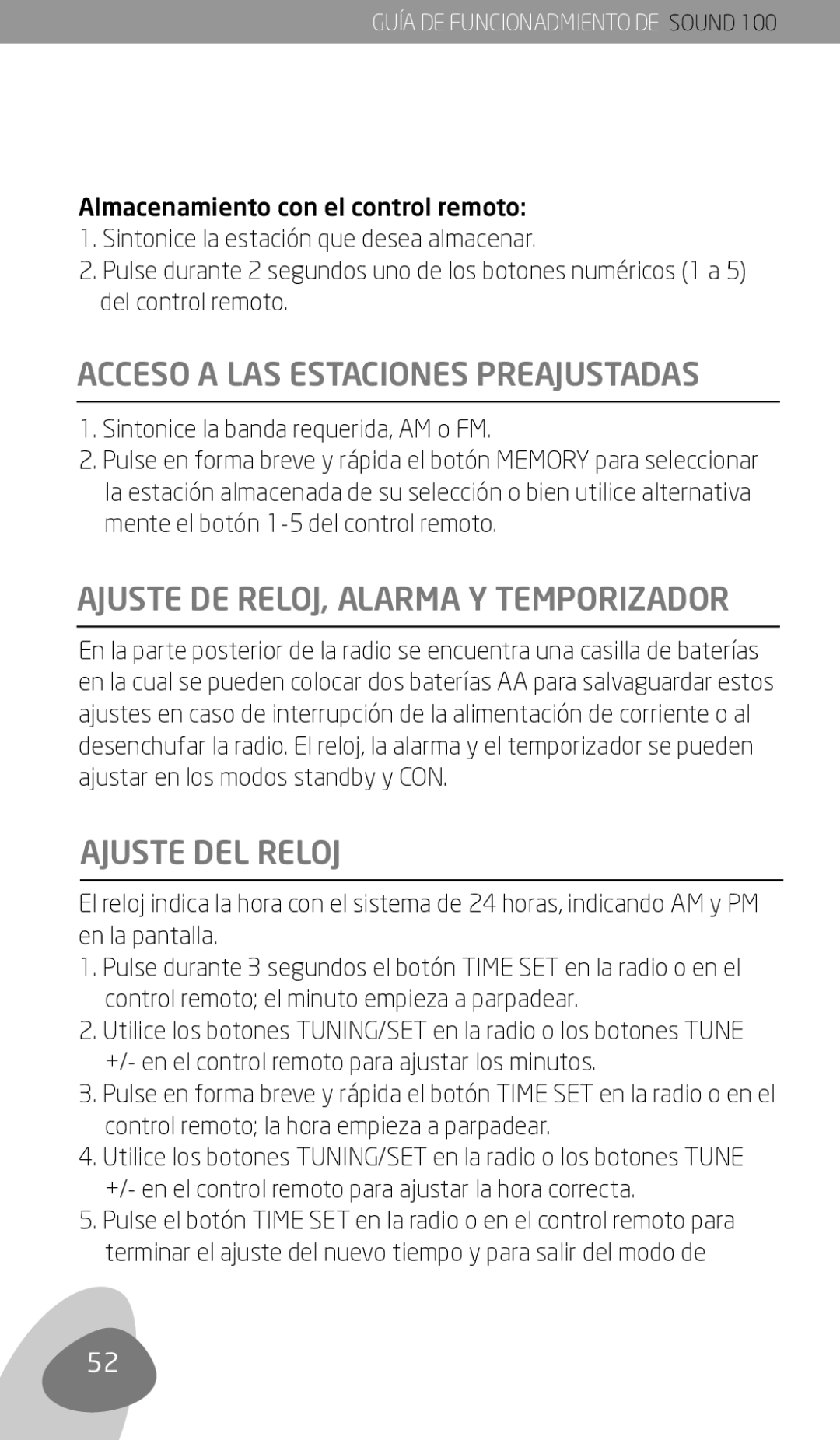 Eton Sound 100 owner manual Acceso a LAS Estaciones Preajustadas, Ajuste DE RELOJ, Alarma Y Temporizador, Ajuste DEL Reloj 