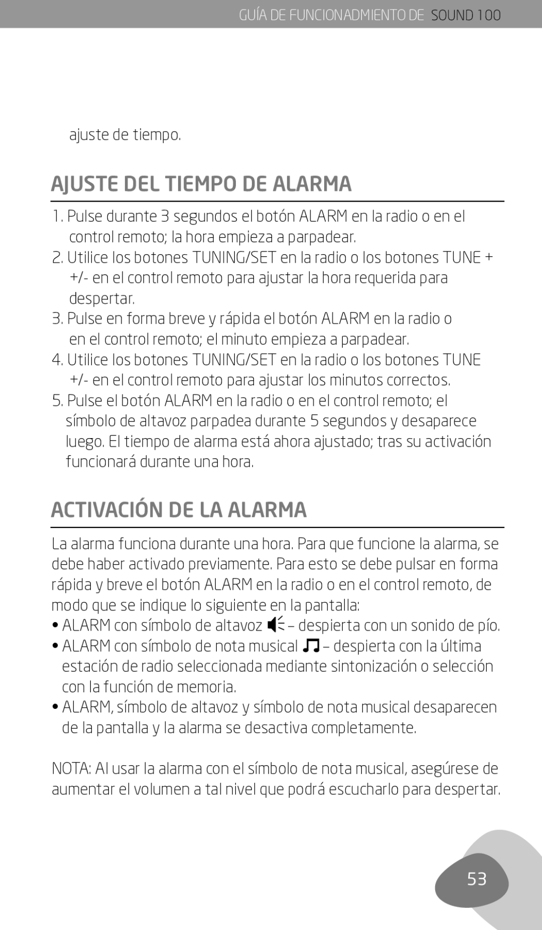 Eton Sound 100 owner manual Ajuste DEL Tiempo DE Alarma, Activación DE LA Alarma, Ajuste de tiempo 