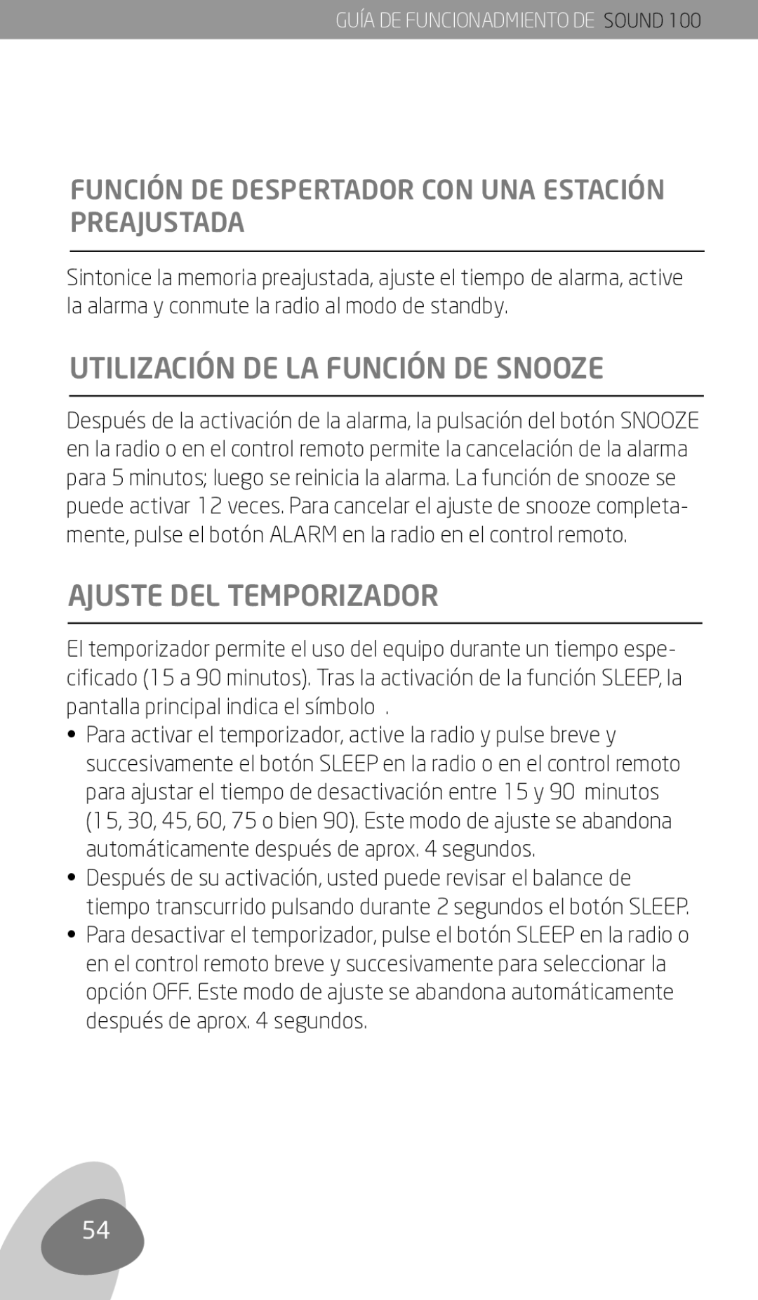 Eton Sound 100 owner manual Utilización DE LA Función DE Snooze, Ajuste DEL Temporizador 