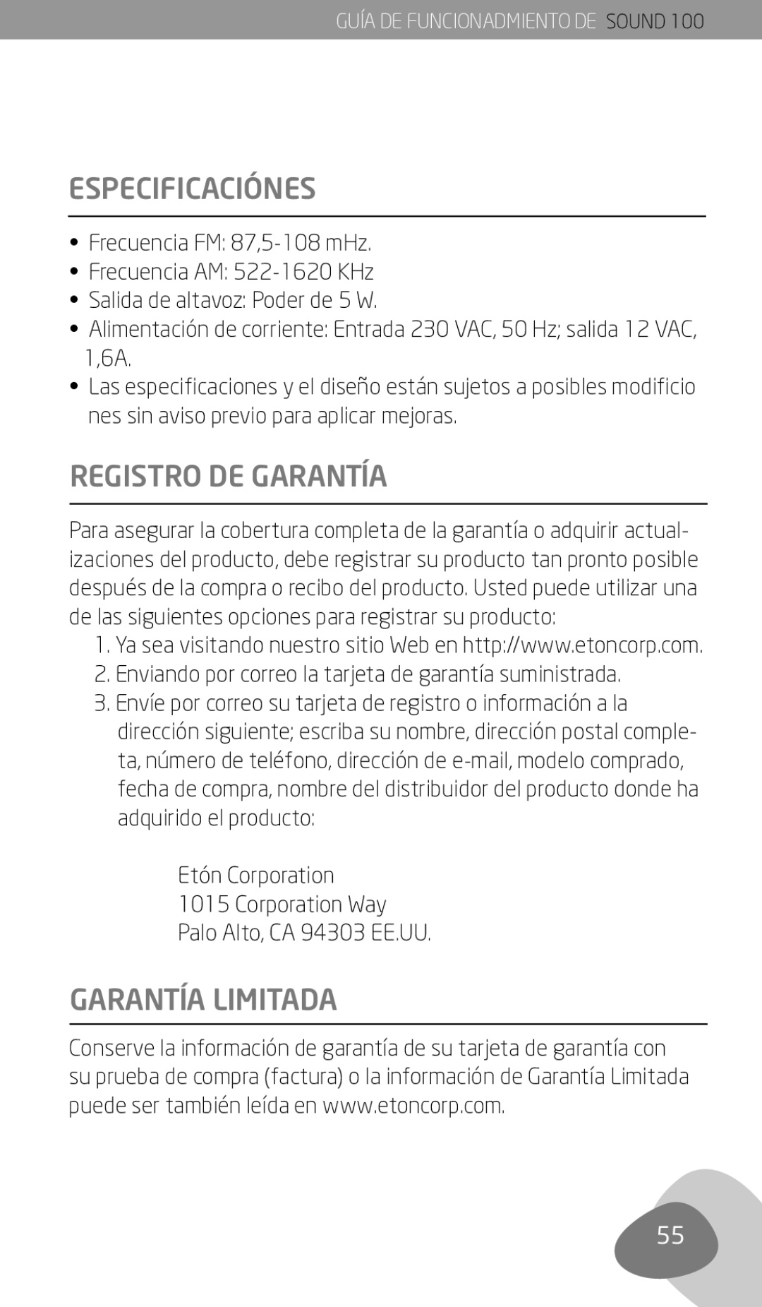 Eton Sound 100 owner manual Especificaciónes, Registro DE Garantía, Garantía Limitada 