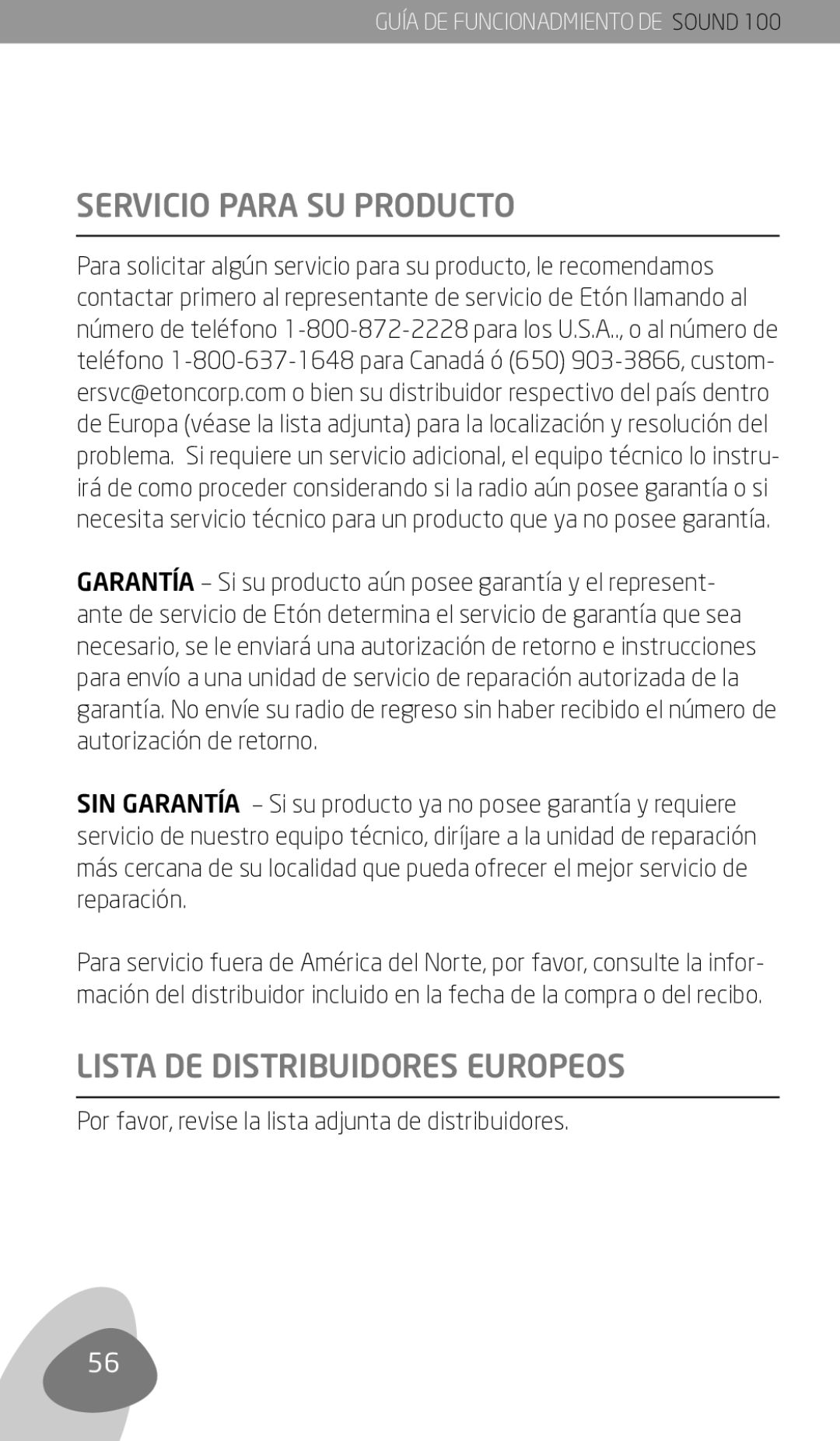 Eton Sound 100 owner manual Servicio Para SU Producto, Lista DE Distribuidores Europeos 