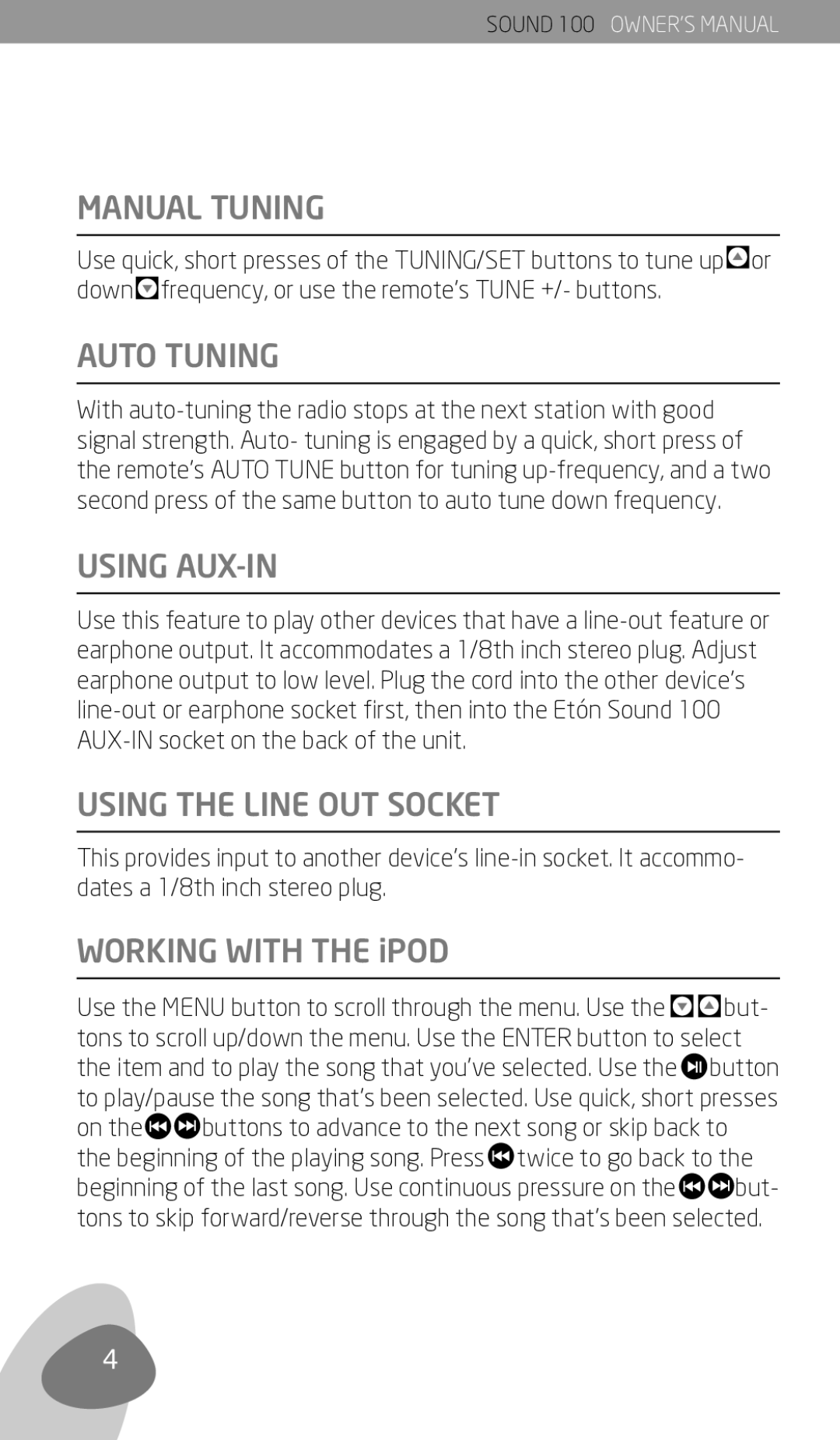 Eton Sound 100 owner manual Manual Tuning, Auto Tuning, Using AUX-IN, Using the Line OUT Socket 