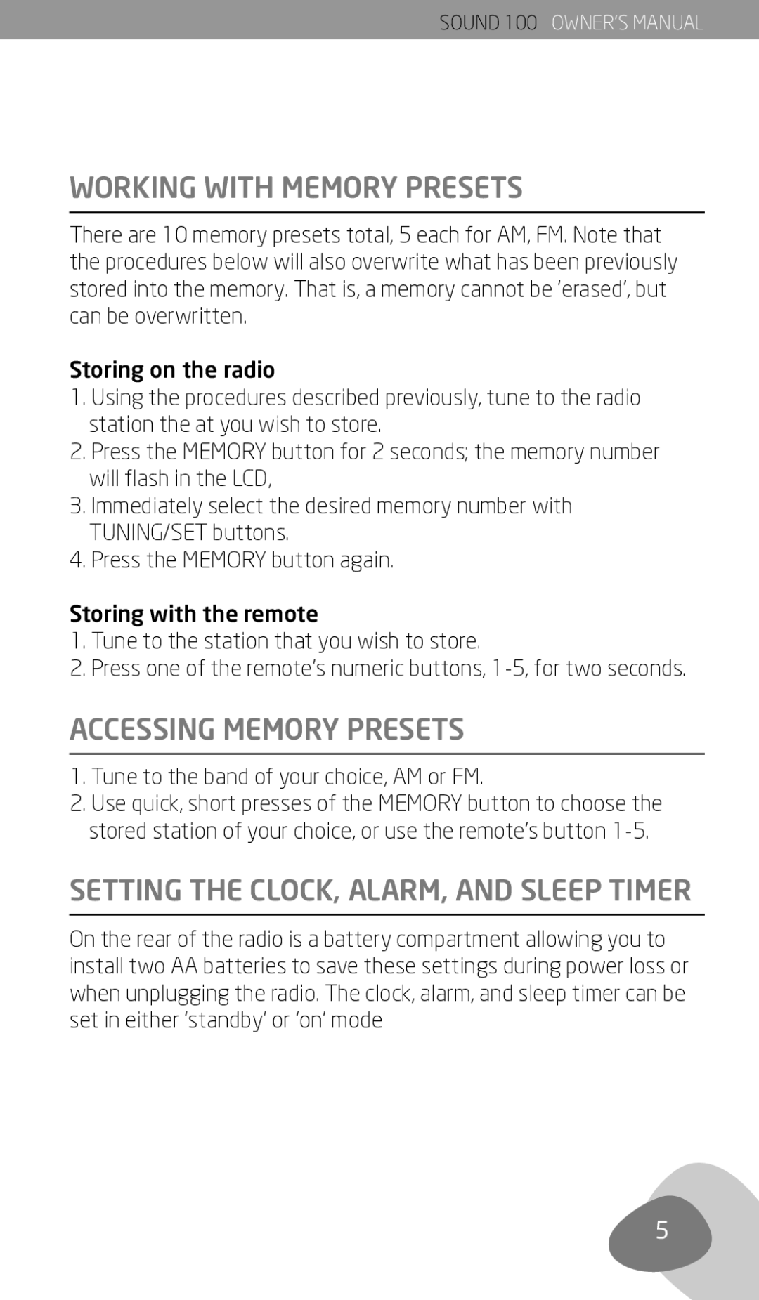 Eton Sound 100 Working with Memory Presets, Accessing Memory Presets, Tune to the band of your choice, AM or FM 