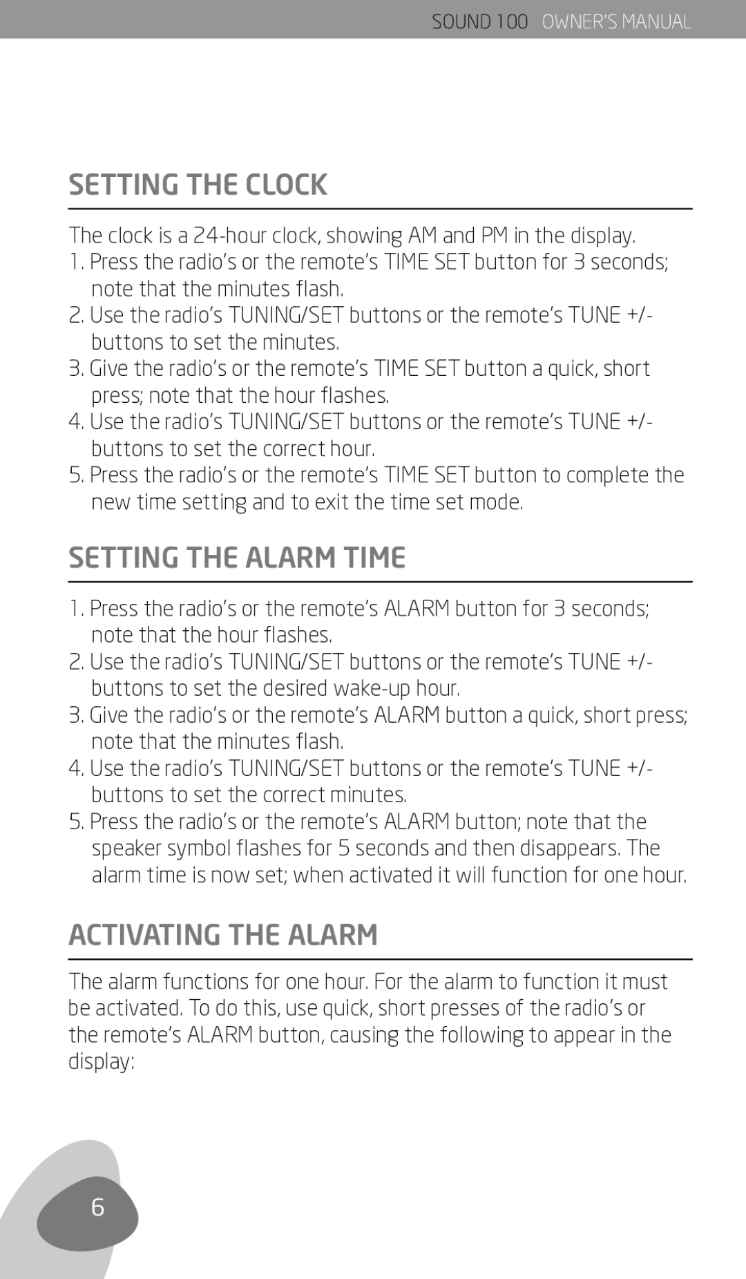 Eton Sound 100 owner manual Setting the Clock, Setting the Alarm Time, Activating the Alarm 