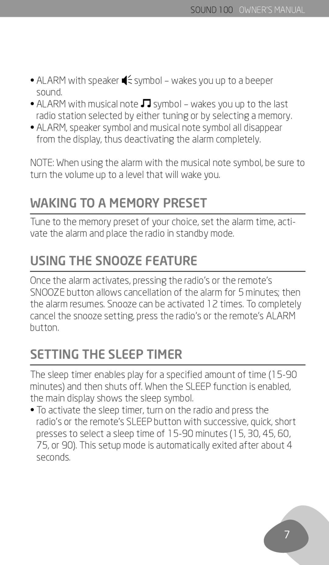 Eton Sound 100 owner manual Waking to a Memory Preset, Using the Snooze Feature, Setting the Sleep Timer 