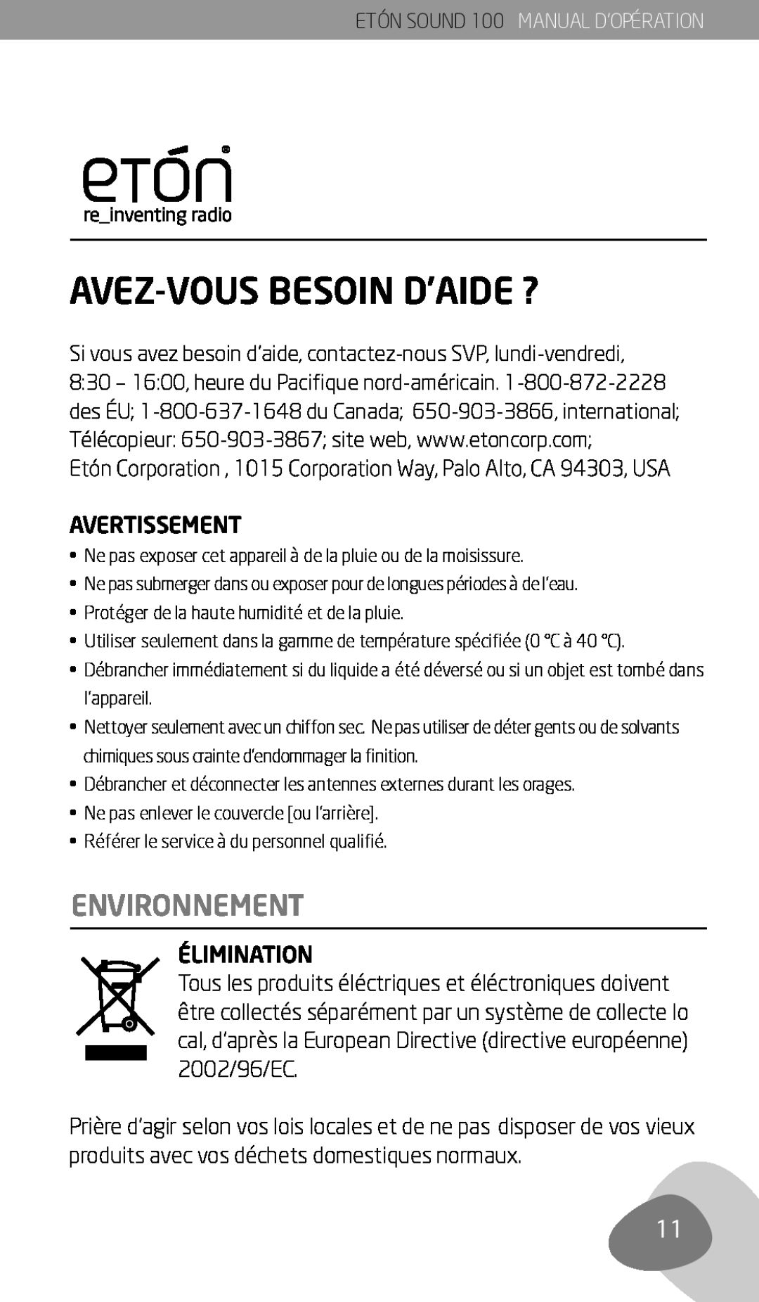Eton Sound 100 owner manual Avez-Vousbesoin D’Aide ?, Environnement, ETÓN SOUND 100 MANUAL D’OPÉRATION 