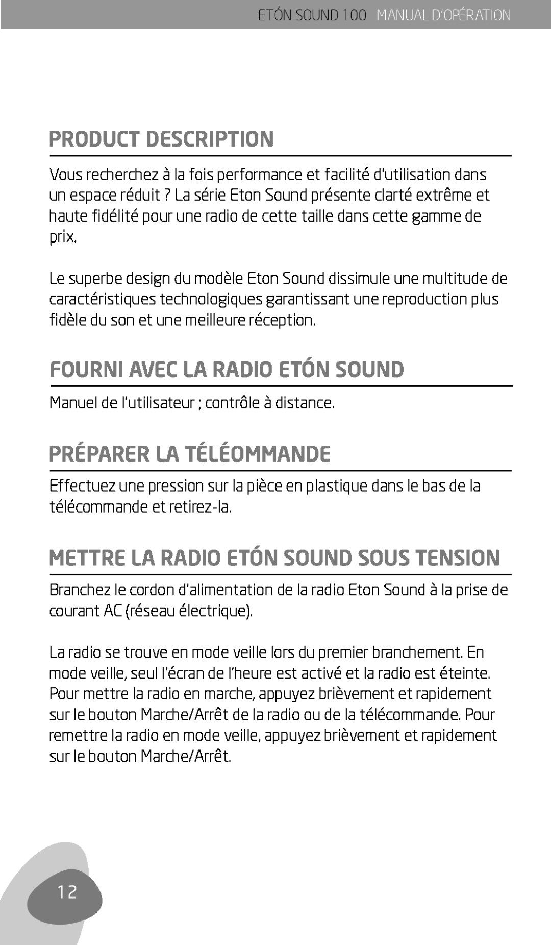 Eton Sound 100 owner manual Product Description, Fourni Avec La Radio Etón Sound, Préparer La Téléommande 
