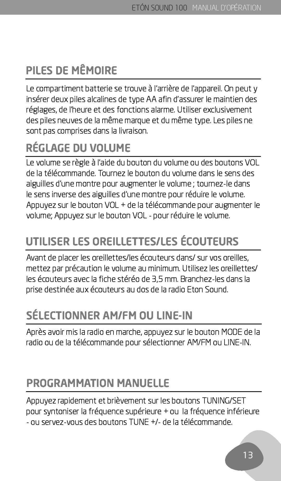 Eton Sound 100 Piles De Mêmoire, Réglage Du Volume, Utiliser Les Oreillettes/Les Écouteurs, Sélectionner Am/Fm Ou Line-In 