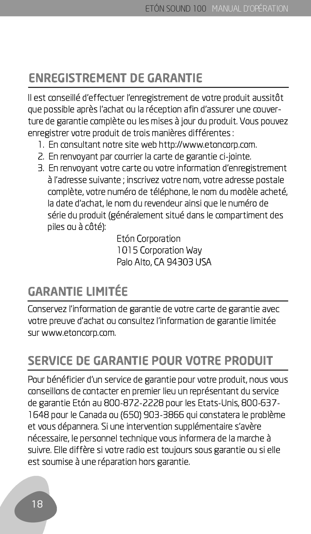 Eton Sound 100 owner manual Enregistrement De Garantie, Garantie Limitée, Service De Garantie Pour Votre Produit 