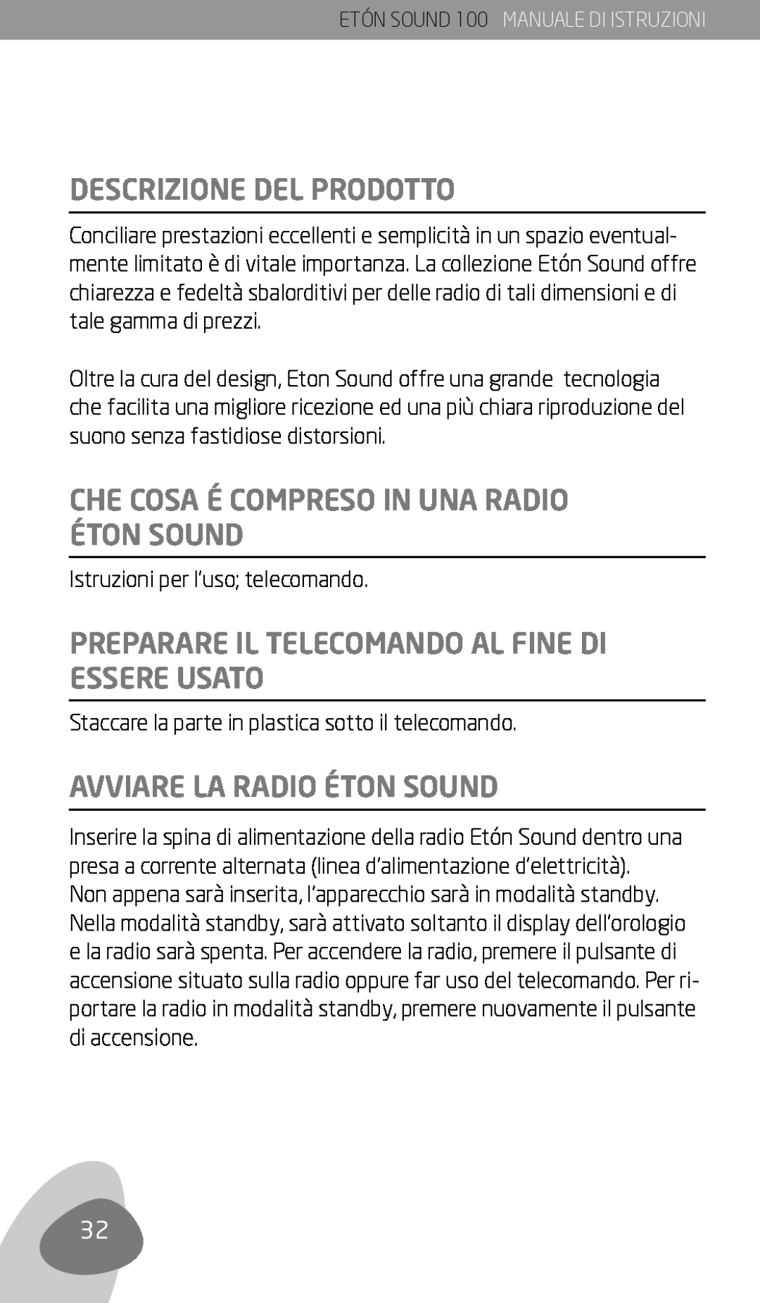 Eton Sound 100 Descrizione Del Prodotto, Che Cosa É Compreso In Una Radio Éton Sound, Avviare La Radio Éton Sound 