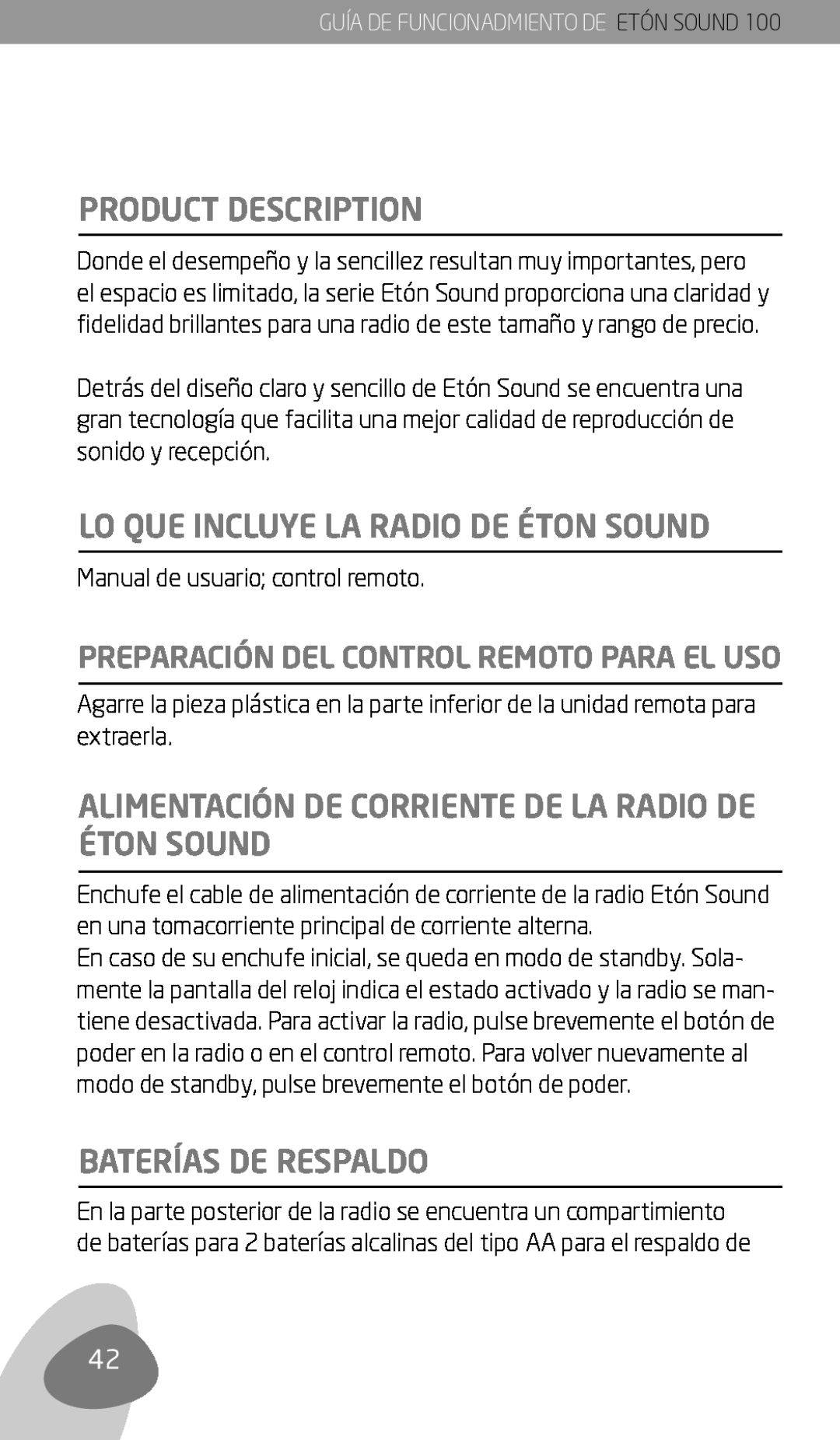 Eton Sound 100 owner manual Lo Que Incluye La Radio De Éton Sound, Baterías De Respaldo, Product Description 