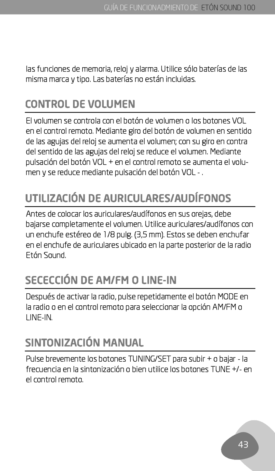 Eton Sound 100 owner manual Control De Volumen, Utilización De Auriculares/Audífonos, Secección De Am/Fm O Line-In 