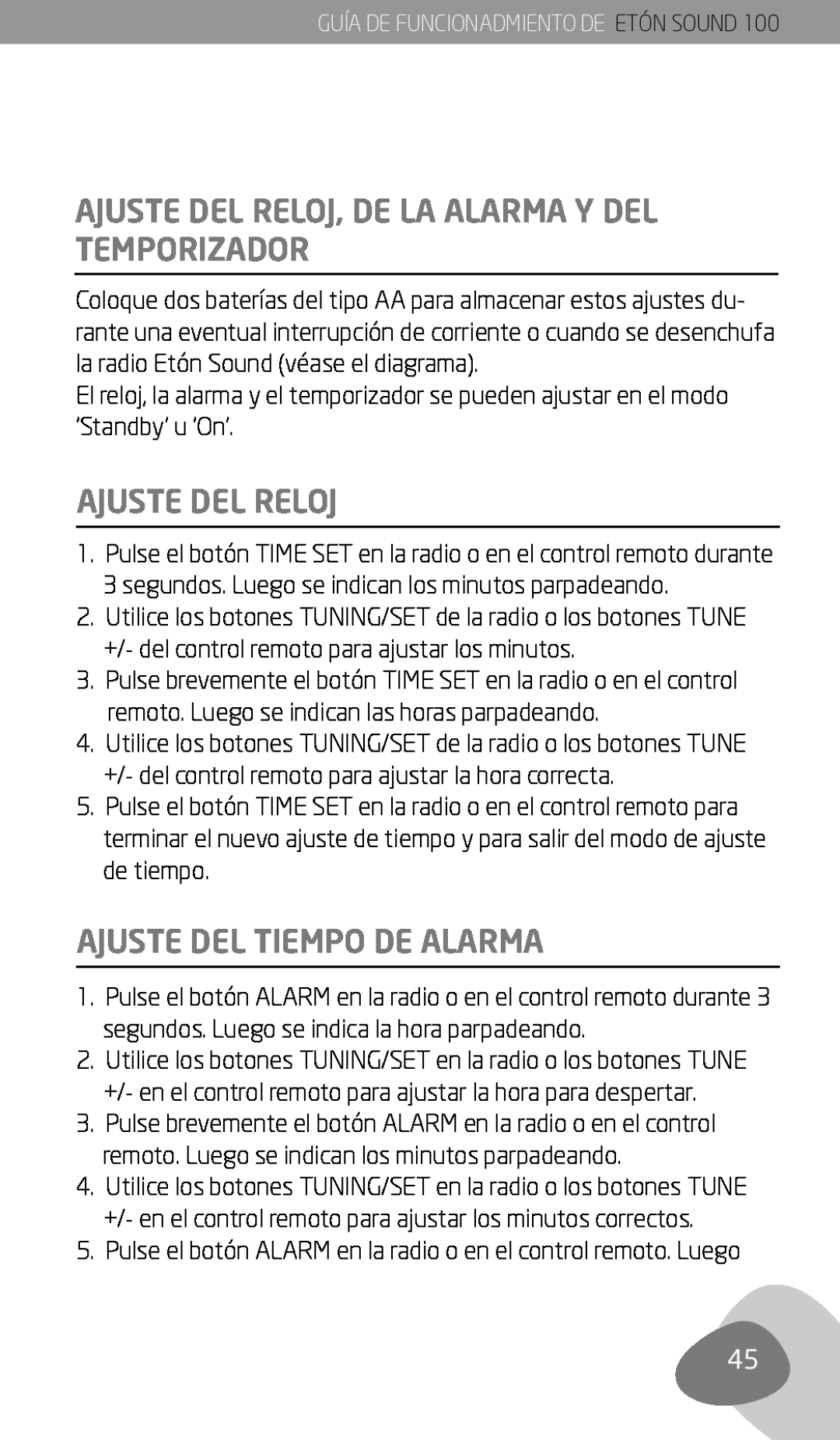 Eton Sound 100 owner manual Ajuste Del Reloj, De La Alarma Y Del Temporizador, Ajuste Del Tiempo De Alarma 