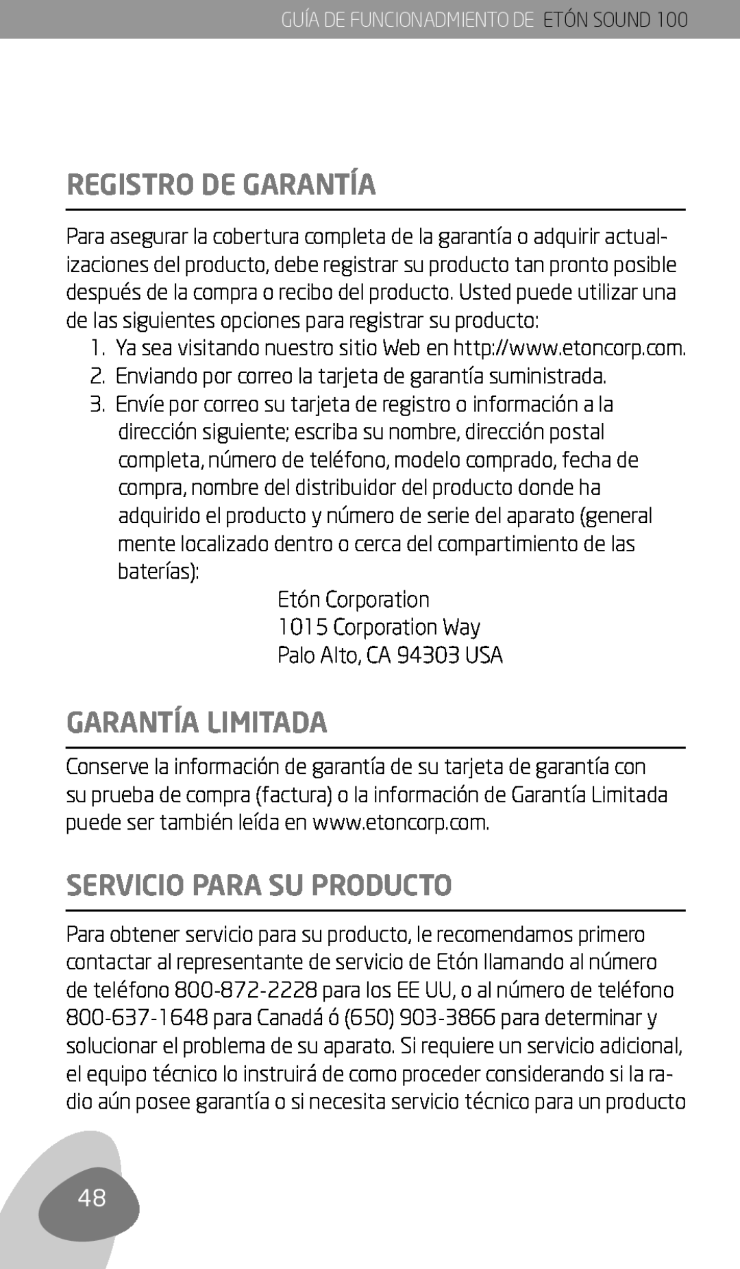 Eton Sound 100 owner manual Registro De Garantía, Garantía Limitada, Servicio Para Su Producto, Etón Corporation 